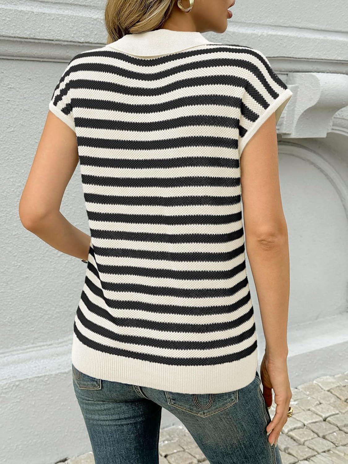 image:imageSaodimallsu Womens Striped Polo Sweater Cap Sleeve Summer Top Button V Neck Collared Knit Pullover ShirtsWhite