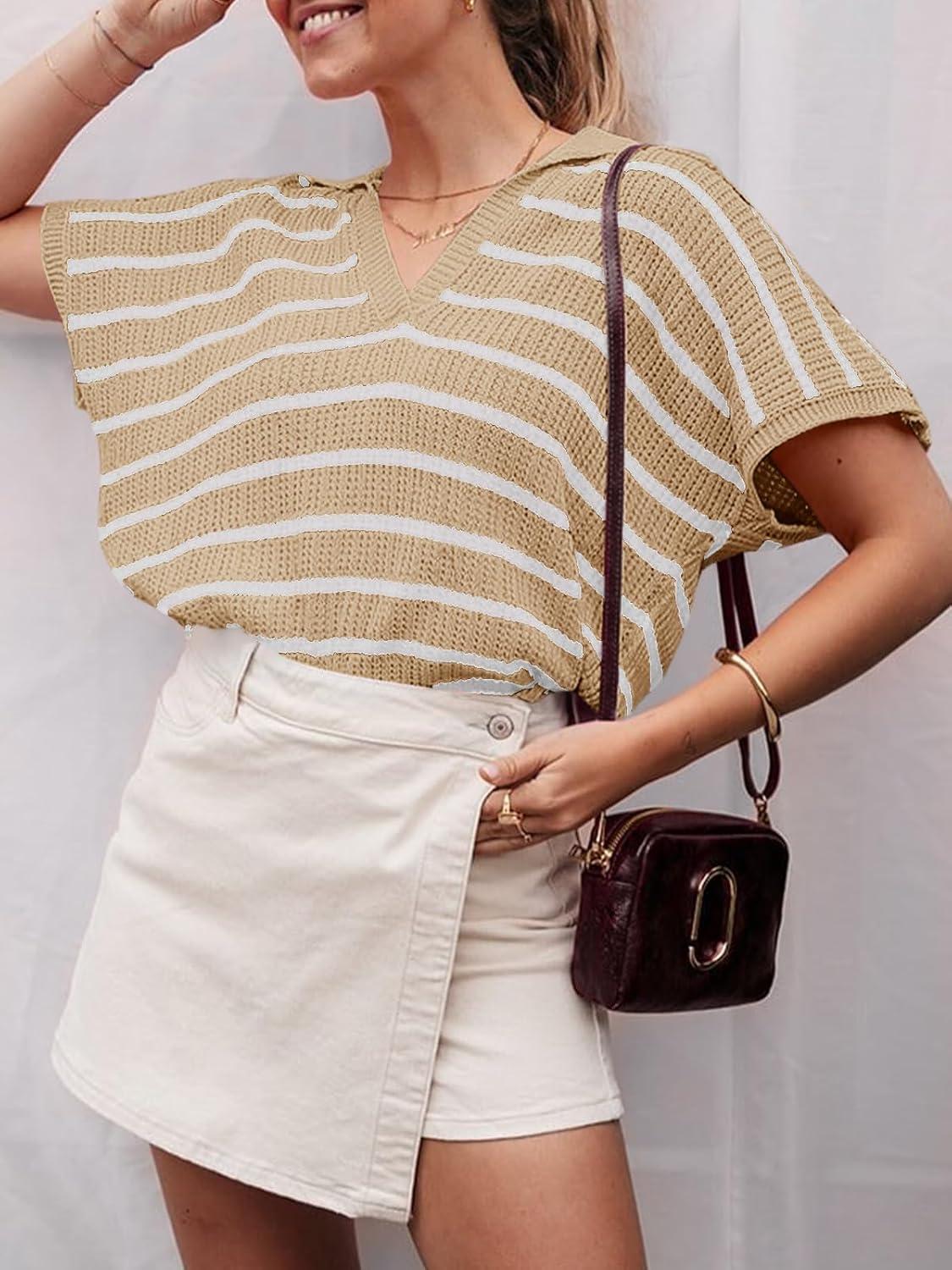image:imageSaodimallsu Womens Striped Short Sleeve Sweater Tops Summer V Neck Collared Trendy Casual Loose Knit Pullover ShirtApricot
