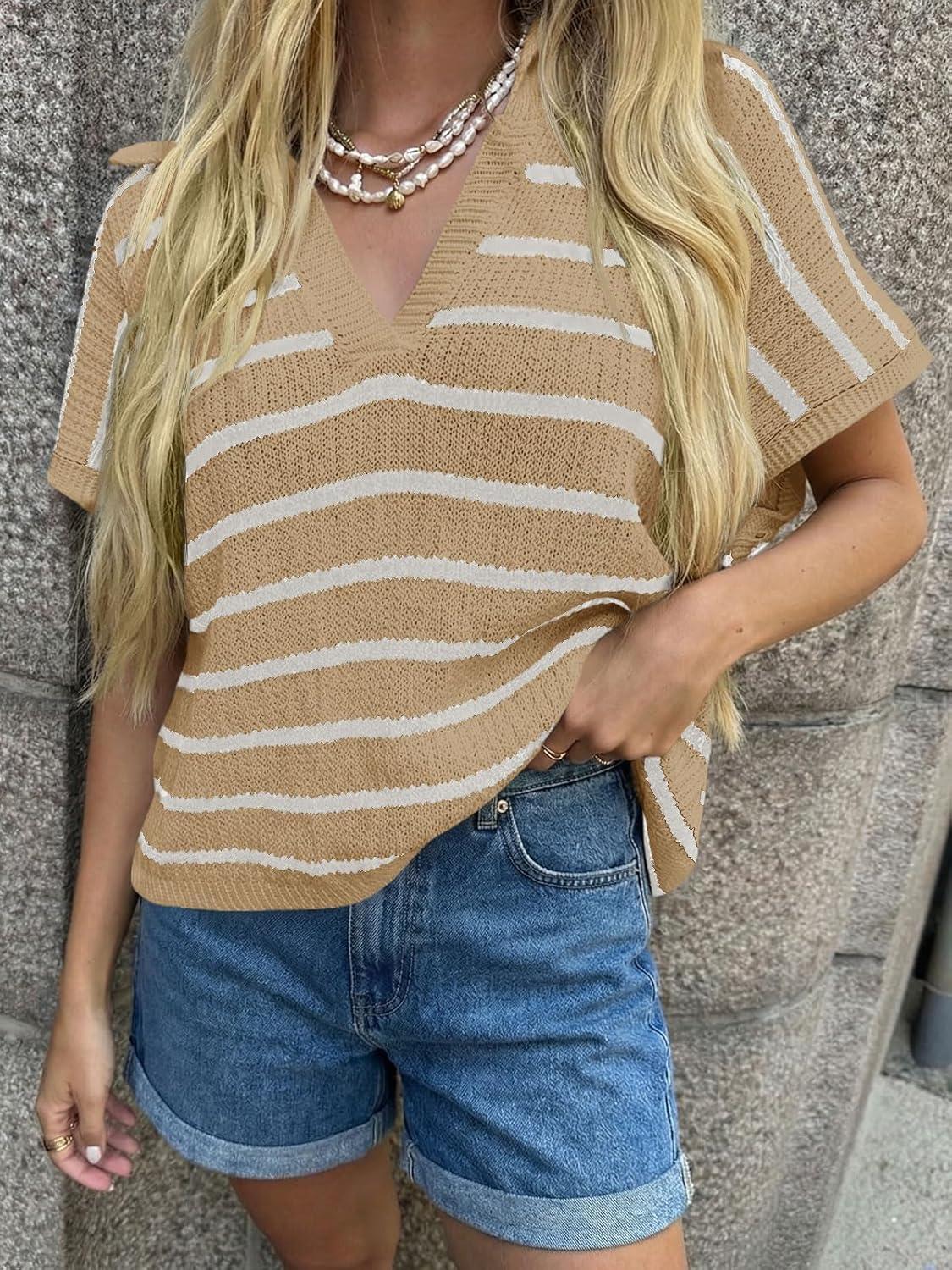 image:imageSaodimallsu Womens Striped Short Sleeve Sweater Tops Summer V Neck Collared Trendy Casual Loose Knit Pullover ShirtApricot