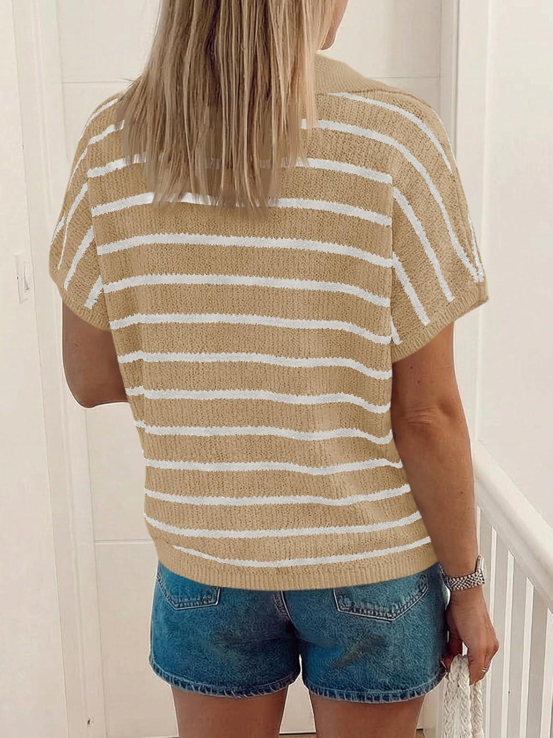 image:imageSaodimallsu Womens Striped Short Sleeve Sweater Tops Summer V Neck Collared Trendy Casual Loose Knit Pullover ShirtApricot