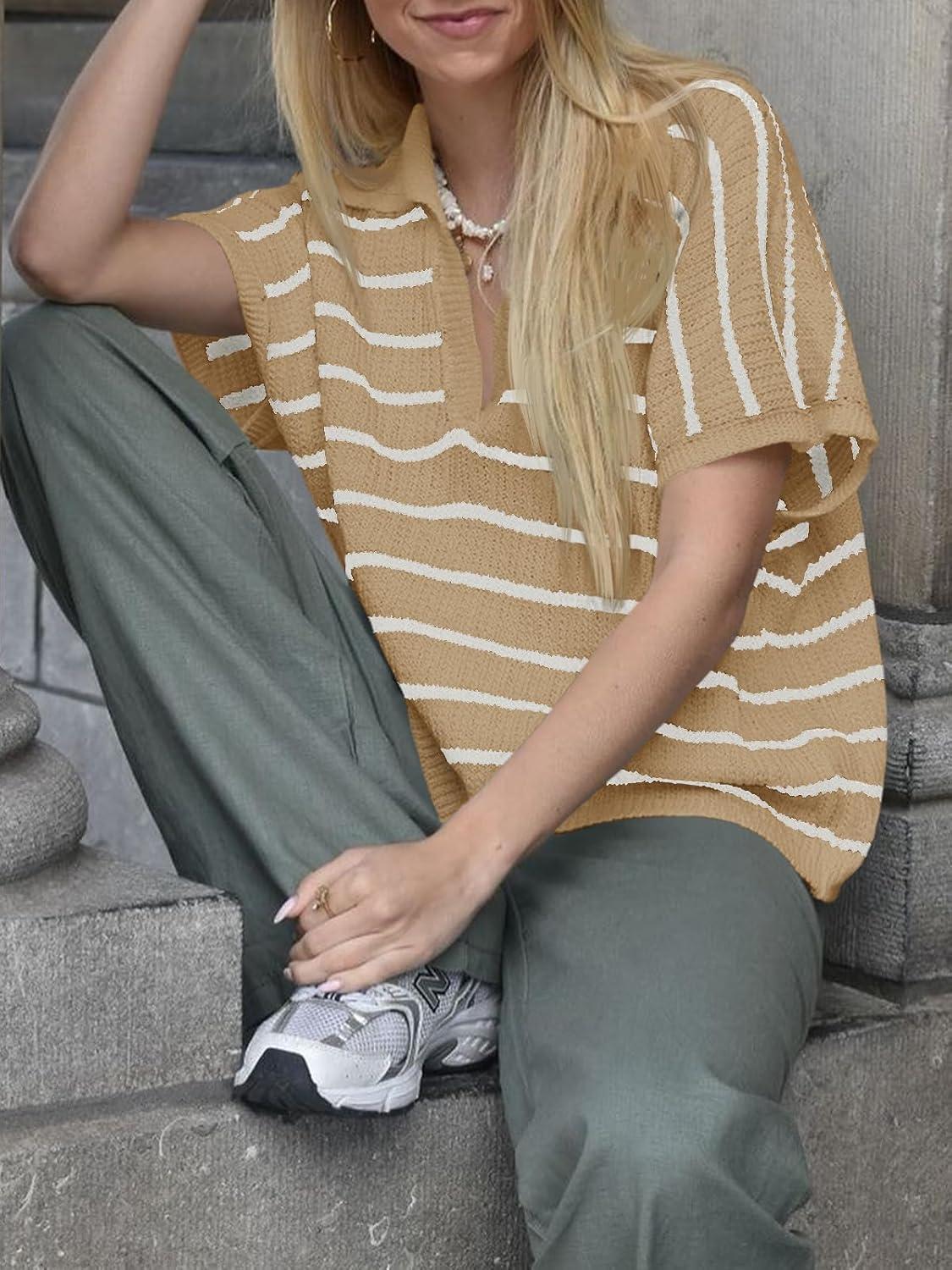 image:imageSaodimallsu Womens Striped Short Sleeve Sweater Tops Summer V Neck Collared Trendy Casual Loose Knit Pullover ShirtApricot
