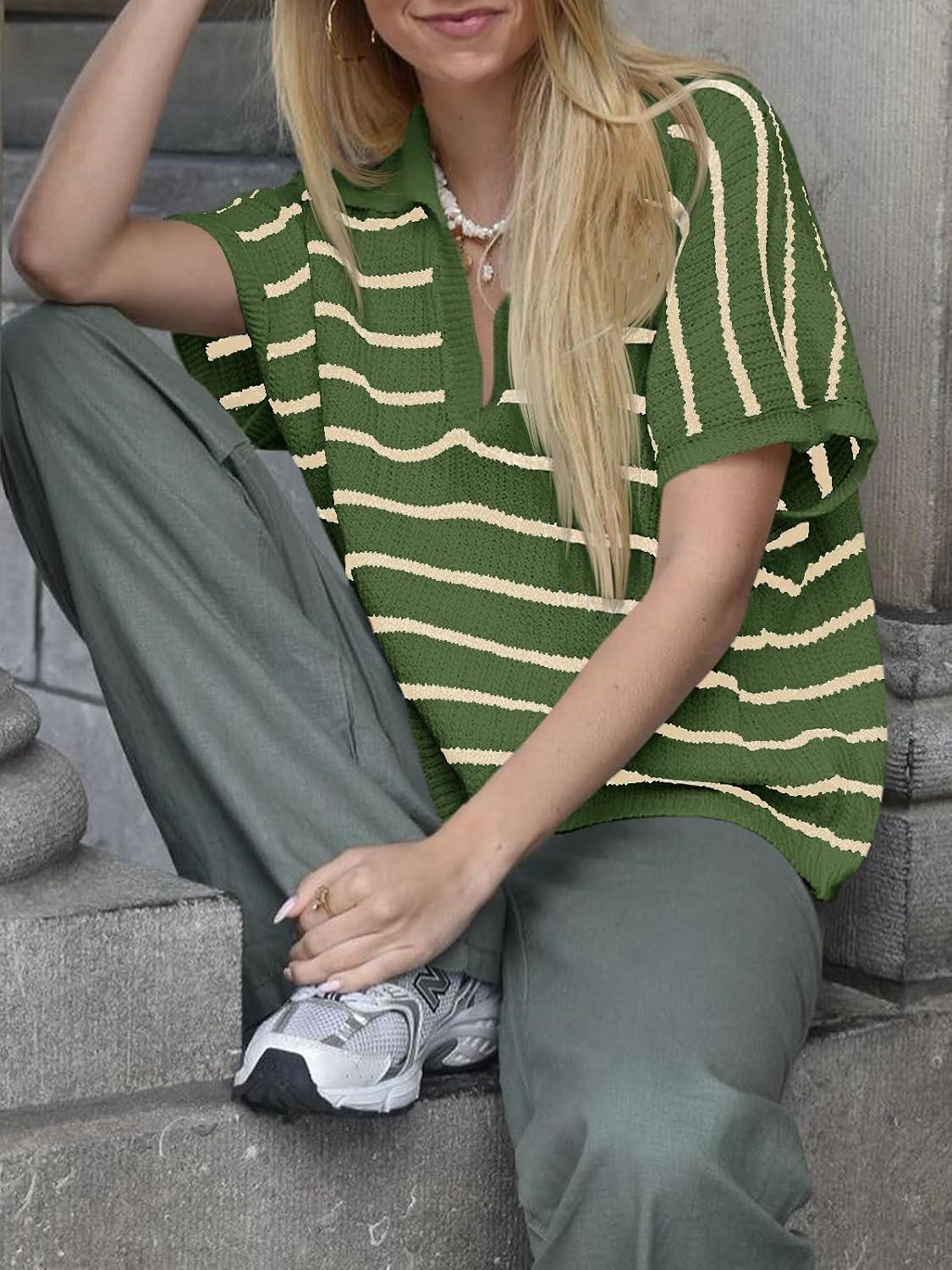 image:imageSaodimallsu Womens Striped Short Sleeve Sweater Tops Summer V Neck Collared Trendy Casual Loose Knit Pullover ShirtArmy Green