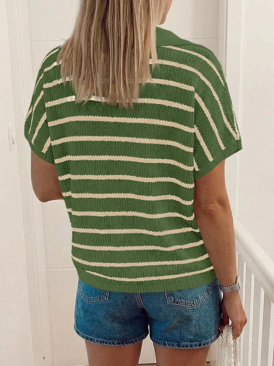 image:imageSaodimallsu Womens Striped Short Sleeve Sweater Tops Summer V Neck Collared Trendy Casual Loose Knit Pullover ShirtArmy Green