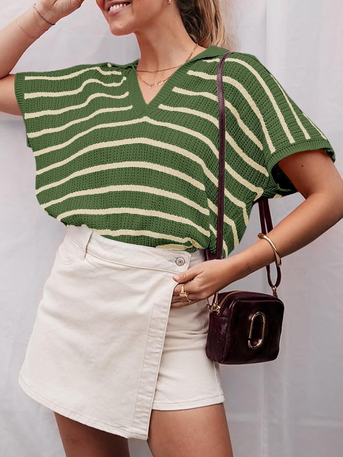 image:imageSaodimallsu Womens Striped Short Sleeve Sweater Tops Summer V Neck Collared Trendy Casual Loose Knit Pullover ShirtArmy Green