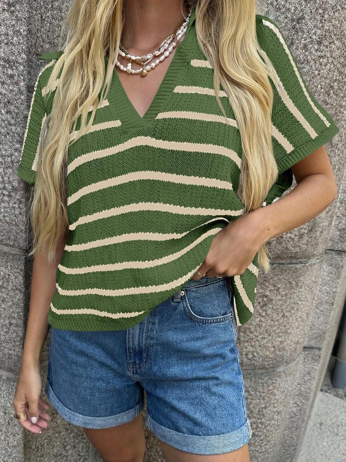 image:imageSaodimallsu Womens Striped Short Sleeve Sweater Tops Summer V Neck Collared Trendy Casual Loose Knit Pullover ShirtArmy Green