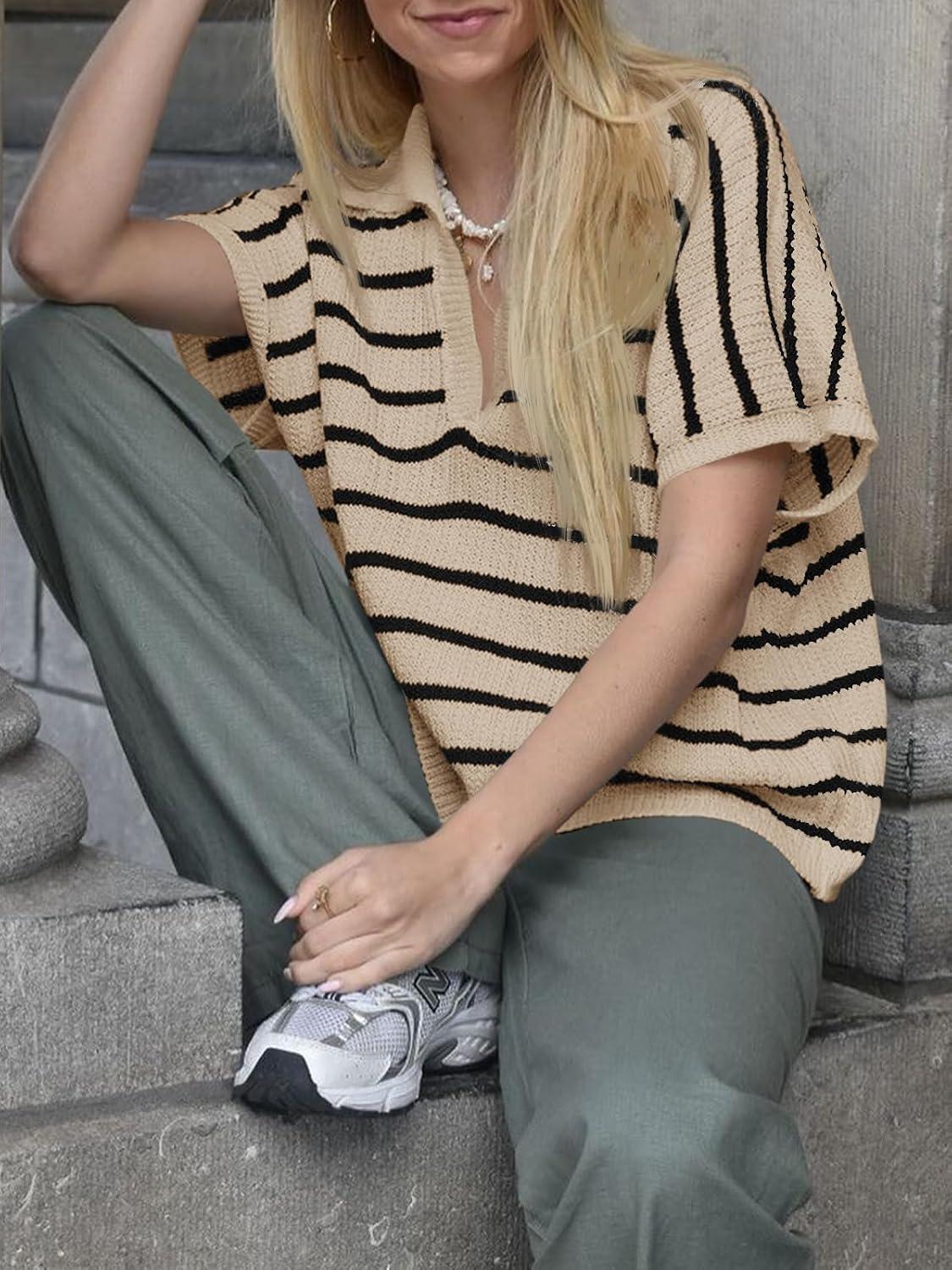 image:imageSaodimallsu Womens Striped Short Sleeve Sweater Tops Summer V Neck Collared Trendy Casual Loose Knit Pullover ShirtBeige
