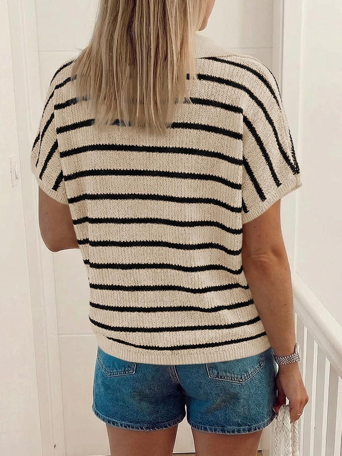 image:imageSaodimallsu Womens Striped Short Sleeve Sweater Tops Summer V Neck Collared Trendy Casual Loose Knit Pullover ShirtBeige