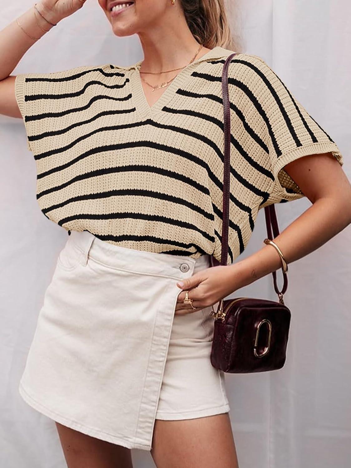 image:imageSaodimallsu Womens Striped Short Sleeve Sweater Tops Summer V Neck Collared Trendy Casual Loose Knit Pullover ShirtBeige