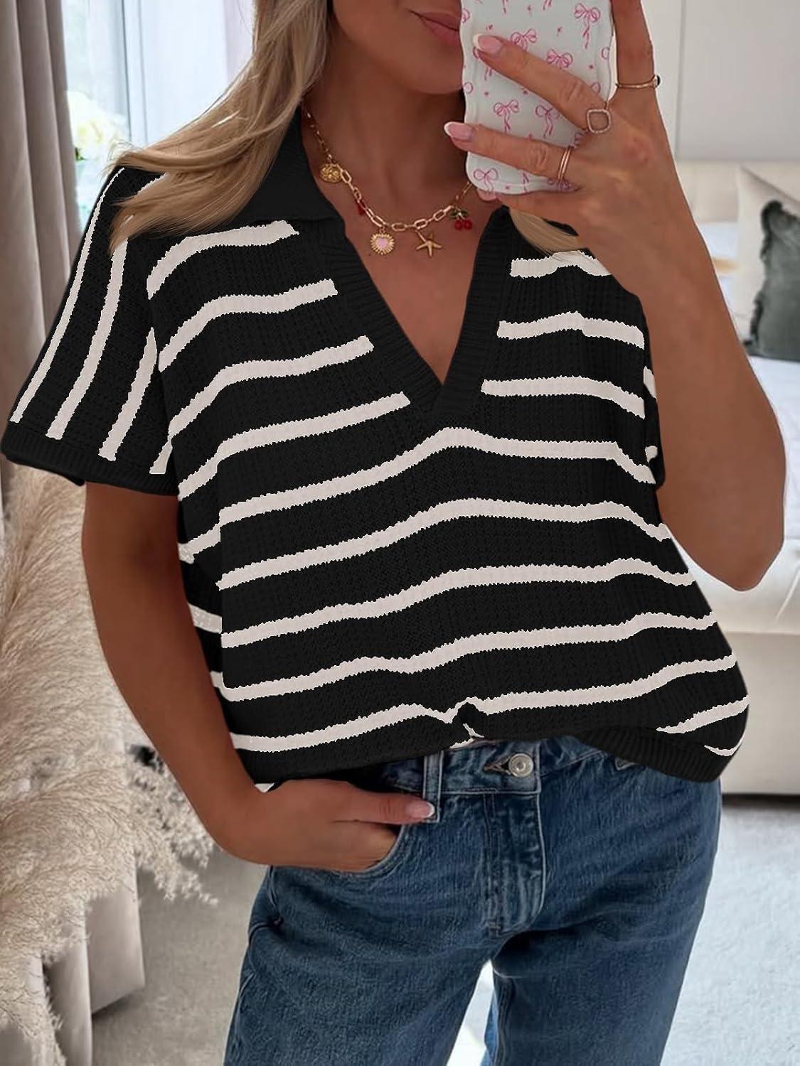 image:imageSaodimallsu Womens Striped Short Sleeve Sweater Tops Summer V Neck Collared Trendy Casual Loose Knit Pullover ShirtBlack