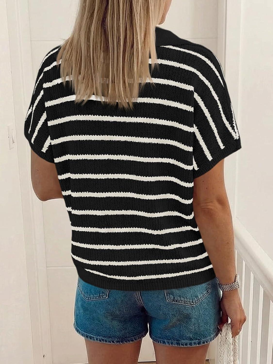 image:imageSaodimallsu Womens Striped Short Sleeve Sweater Tops Summer V Neck Collared Trendy Casual Loose Knit Pullover ShirtBlack