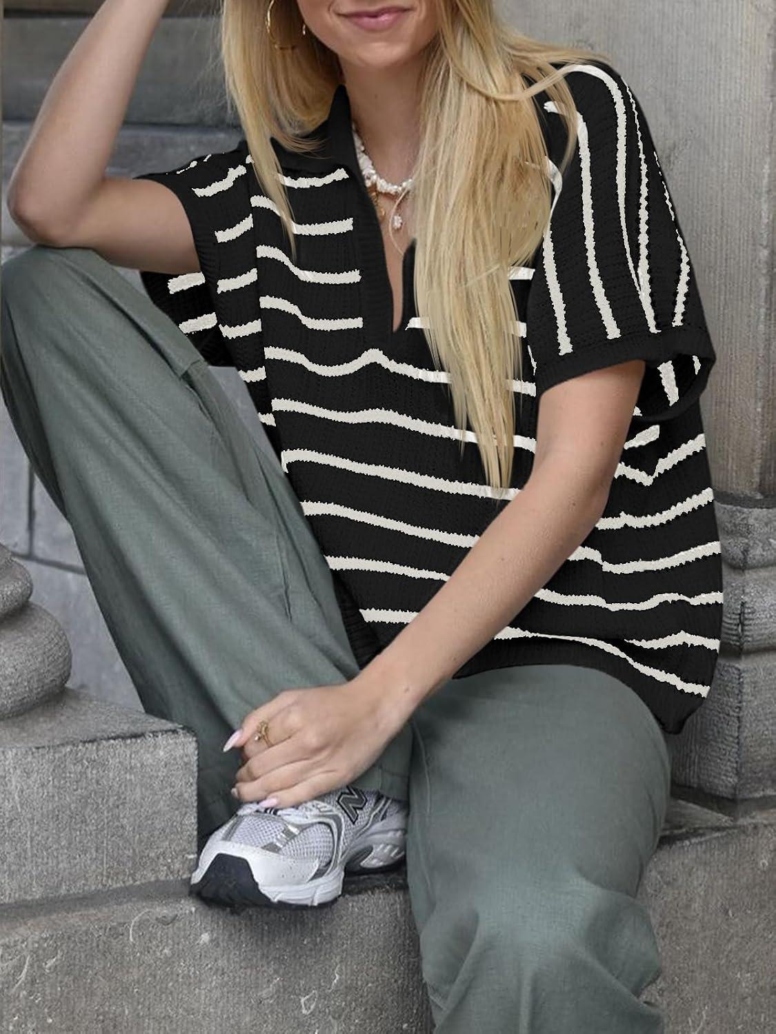 image:imageSaodimallsu Womens Striped Short Sleeve Sweater Tops Summer V Neck Collared Trendy Casual Loose Knit Pullover ShirtBlack