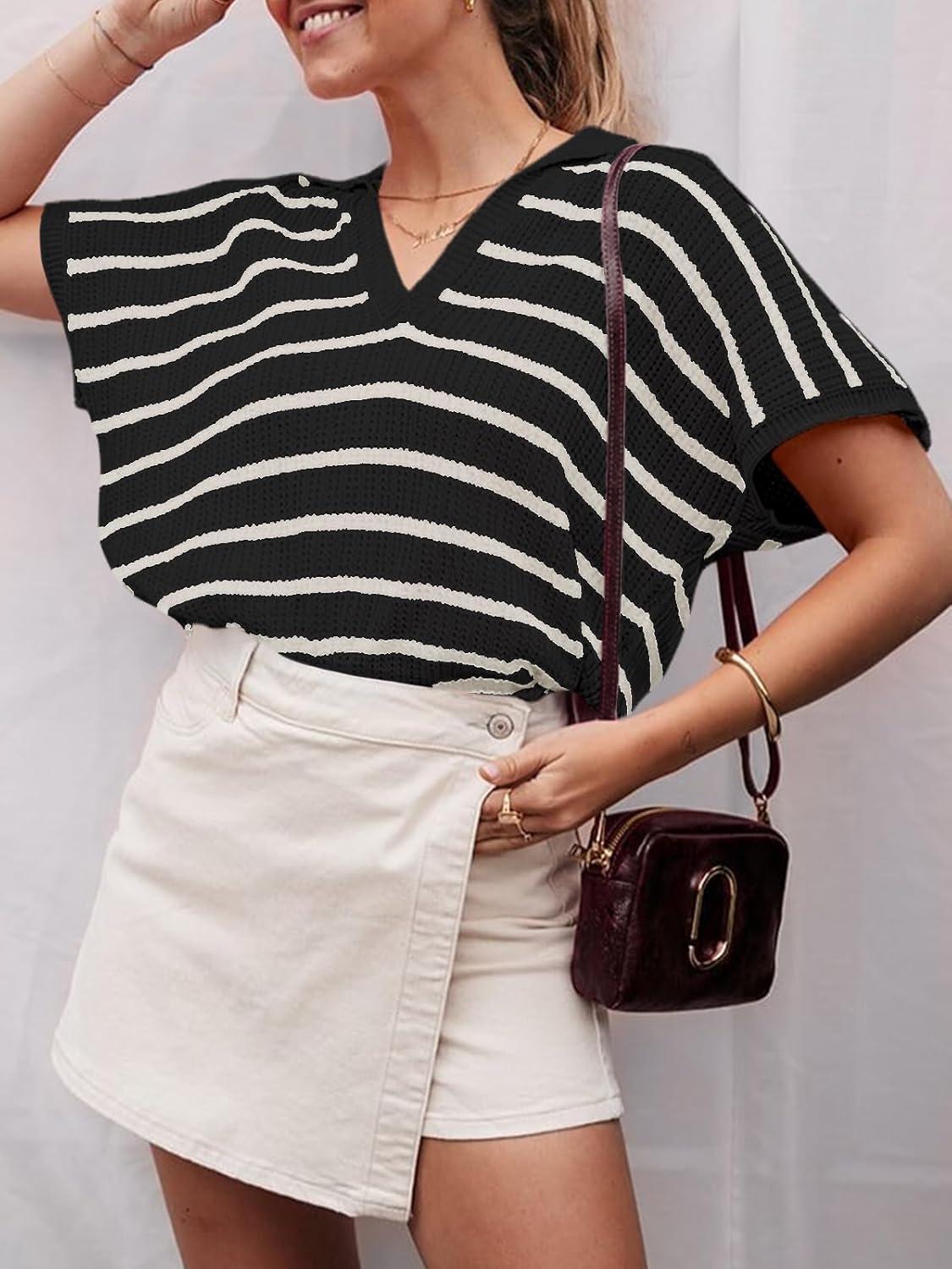 image:imageSaodimallsu Womens Striped Short Sleeve Sweater Tops Summer V Neck Collared Trendy Casual Loose Knit Pullover ShirtBlack