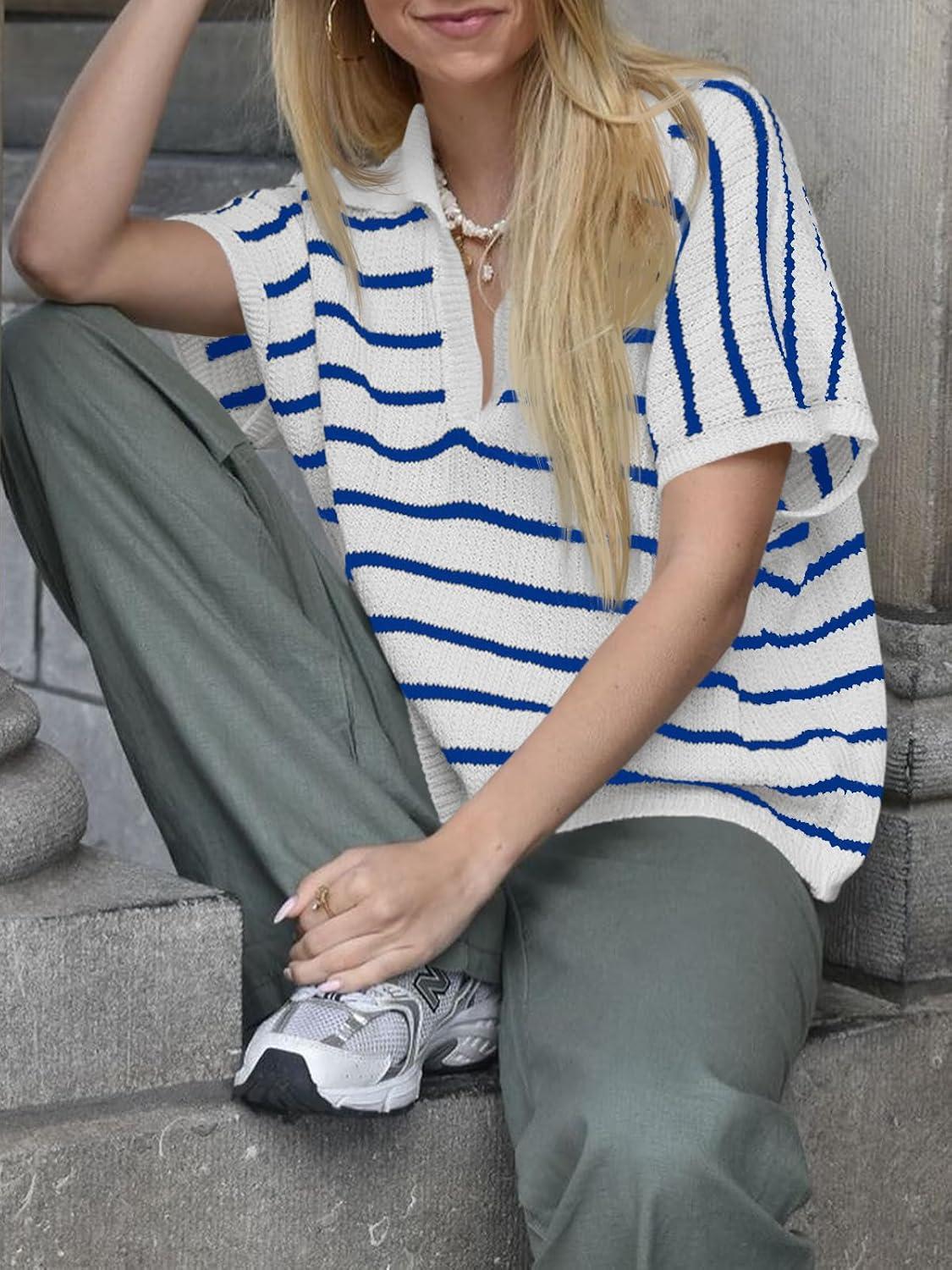 image:imageSaodimallsu Womens Striped Short Sleeve Sweater Tops Summer V Neck Collared Trendy Casual Loose Knit Pullover ShirtBlue