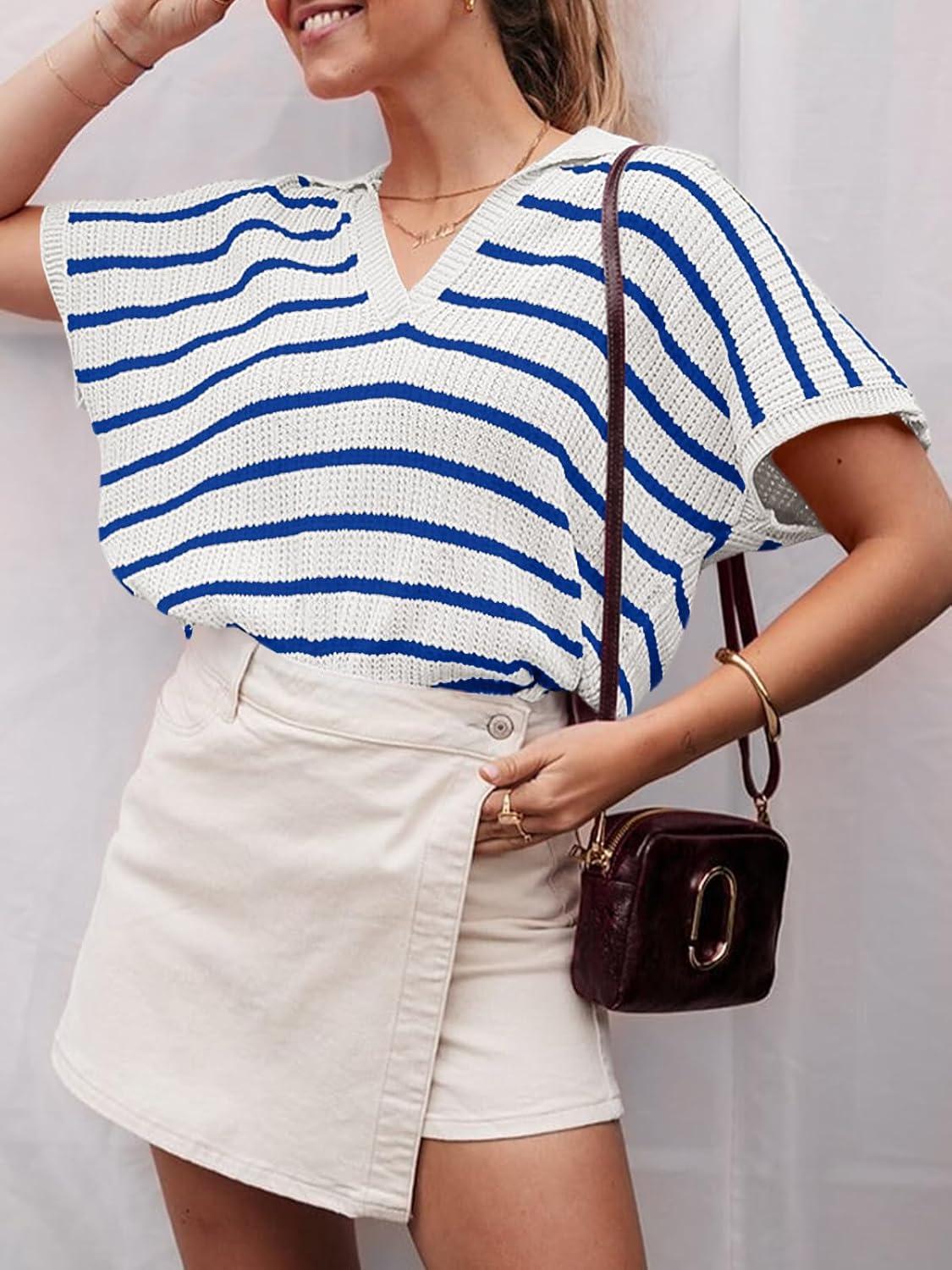 image:imageSaodimallsu Womens Striped Short Sleeve Sweater Tops Summer V Neck Collared Trendy Casual Loose Knit Pullover ShirtBlue