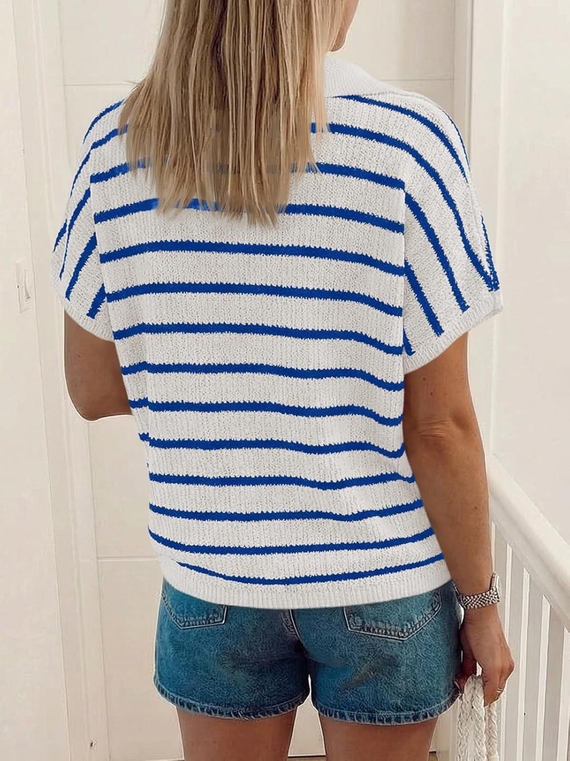 image:imageSaodimallsu Womens Striped Short Sleeve Sweater Tops Summer V Neck Collared Trendy Casual Loose Knit Pullover ShirtBlue