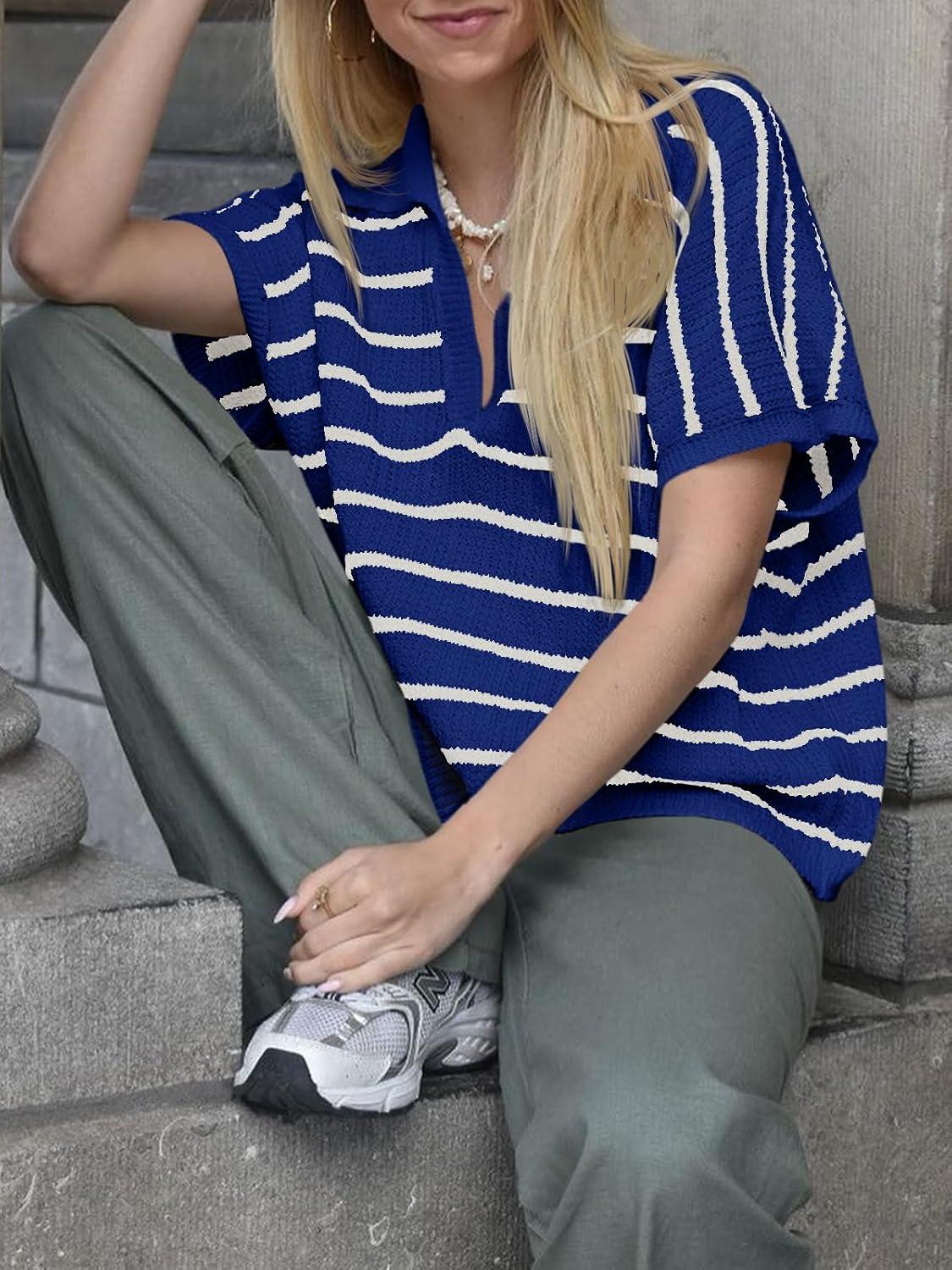 image:imageSaodimallsu Womens Striped Short Sleeve Sweater Tops Summer V Neck Collared Trendy Casual Loose Knit Pullover ShirtDark Blue