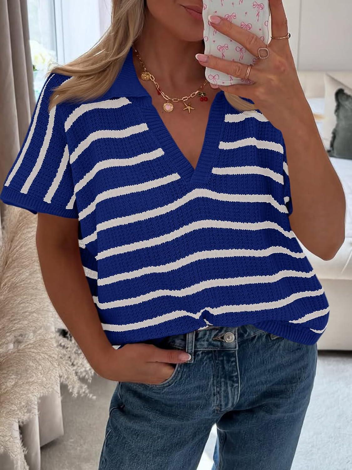 image:imageSaodimallsu Womens Striped Short Sleeve Sweater Tops Summer V Neck Collared Trendy Casual Loose Knit Pullover ShirtDark Blue