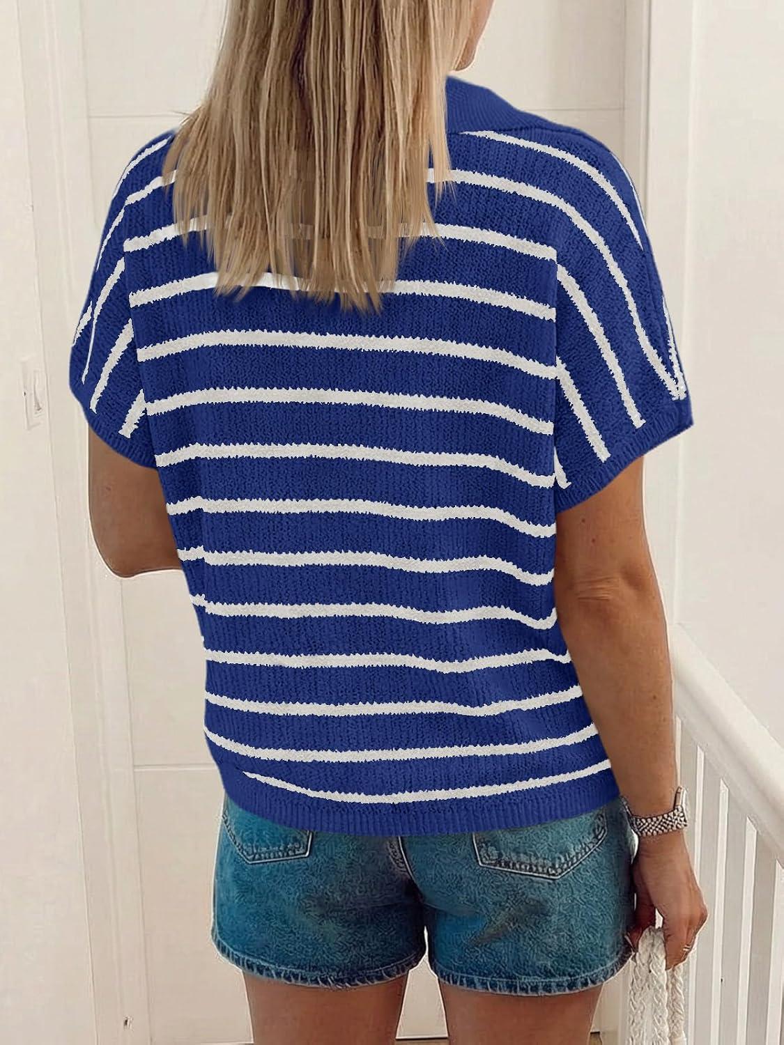 image:imageSaodimallsu Womens Striped Short Sleeve Sweater Tops Summer V Neck Collared Trendy Casual Loose Knit Pullover ShirtDark Blue