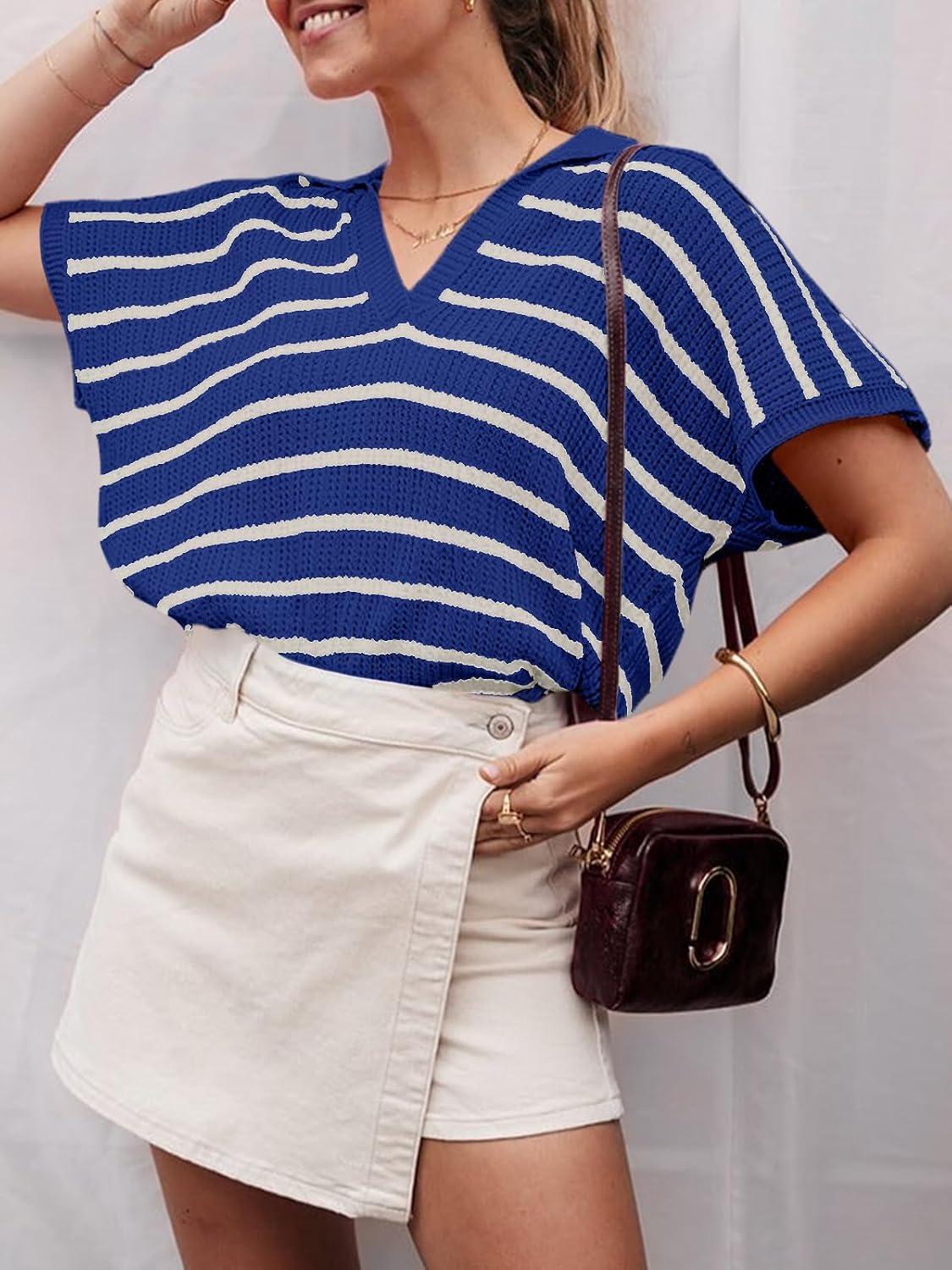 image:imageSaodimallsu Womens Striped Short Sleeve Sweater Tops Summer V Neck Collared Trendy Casual Loose Knit Pullover ShirtDark Blue