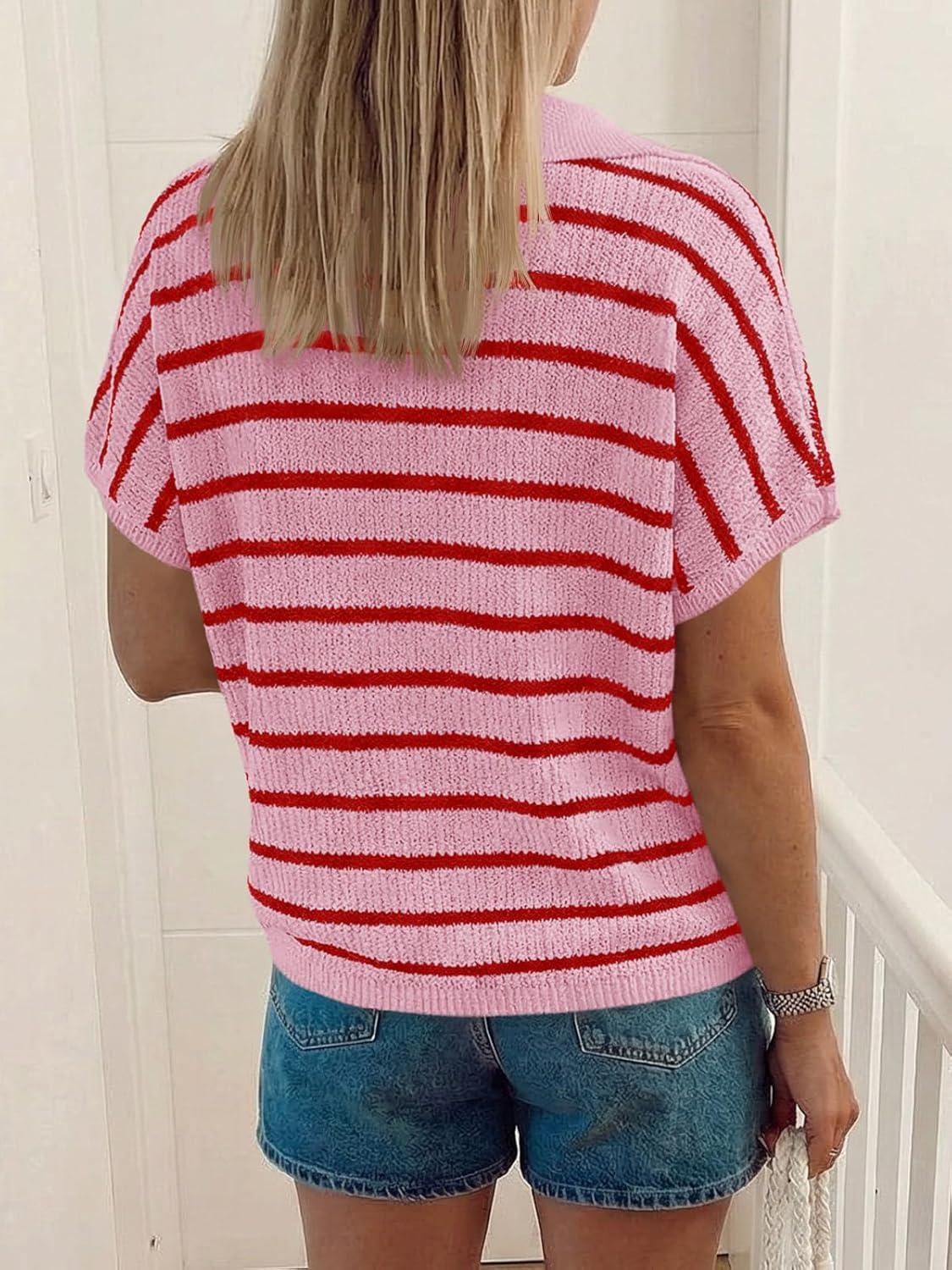 image:imageSaodimallsu Womens Striped Short Sleeve Sweater Tops Summer V Neck Collared Trendy Casual Loose Knit Pullover ShirtLight Pink