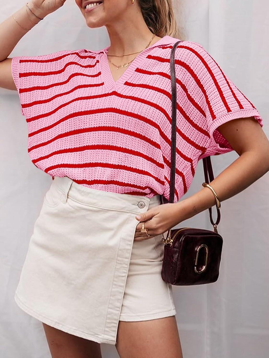 image:imageSaodimallsu Womens Striped Short Sleeve Sweater Tops Summer V Neck Collared Trendy Casual Loose Knit Pullover ShirtLight Pink