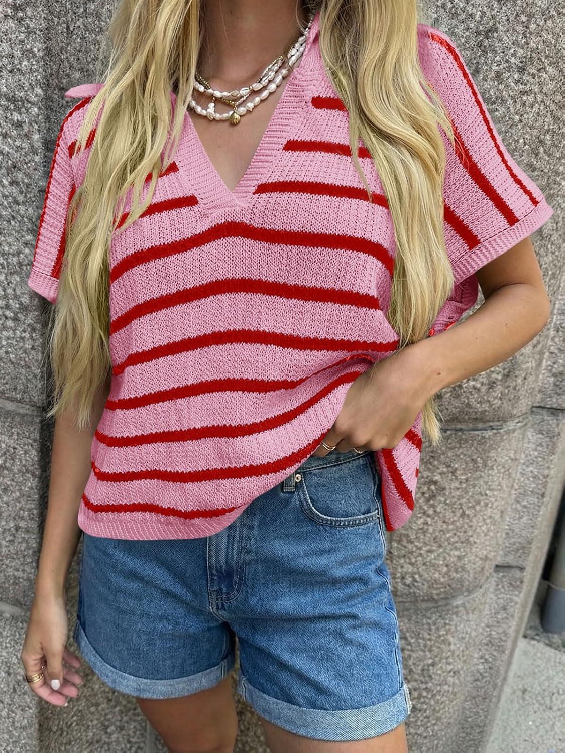 image:imageSaodimallsu Womens Striped Short Sleeve Sweater Tops Summer V Neck Collared Trendy Casual Loose Knit Pullover ShirtLight Pink