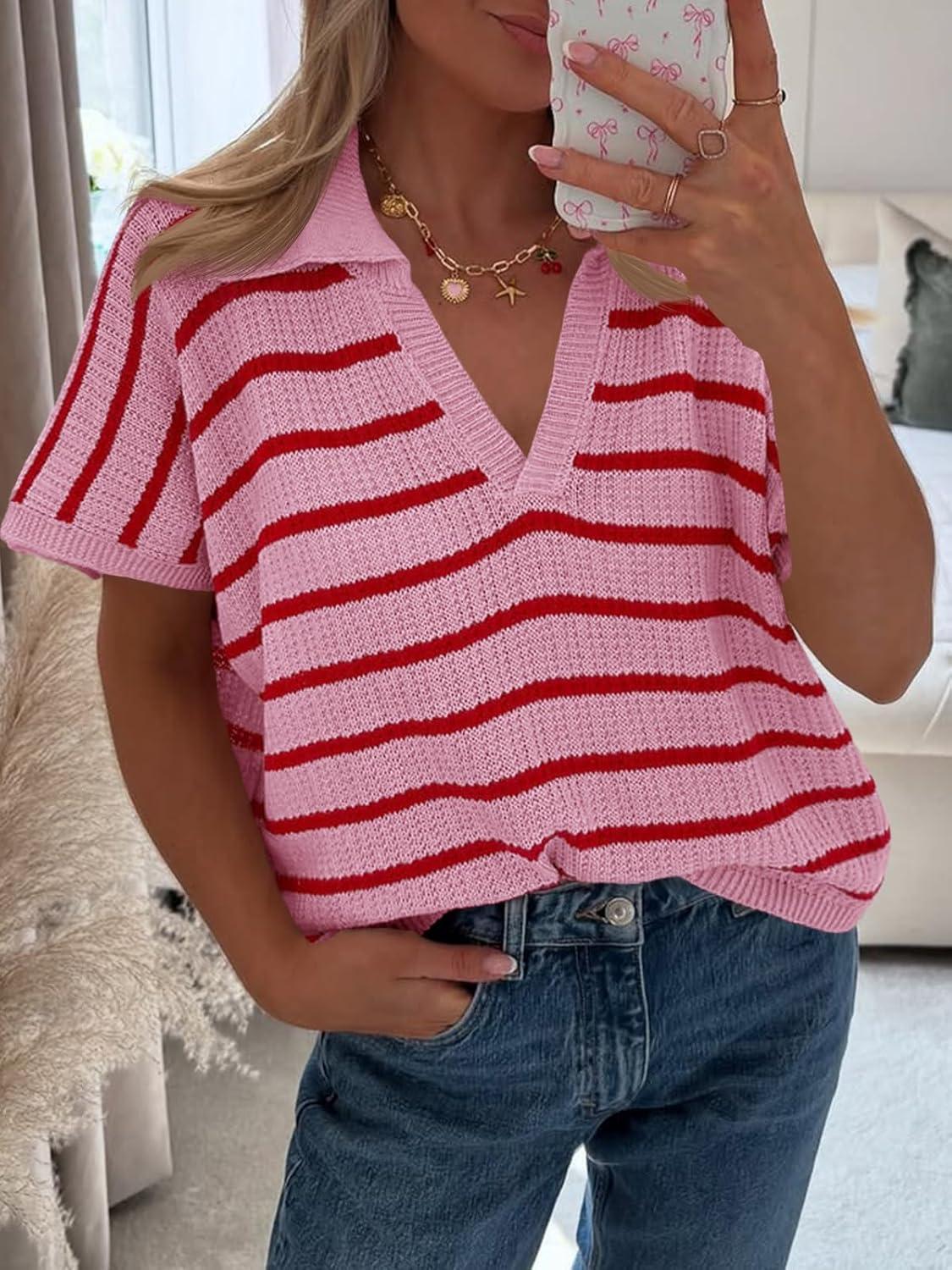 image:imageSaodimallsu Womens Striped Short Sleeve Sweater Tops Summer V Neck Collared Trendy Casual Loose Knit Pullover ShirtLight Pink