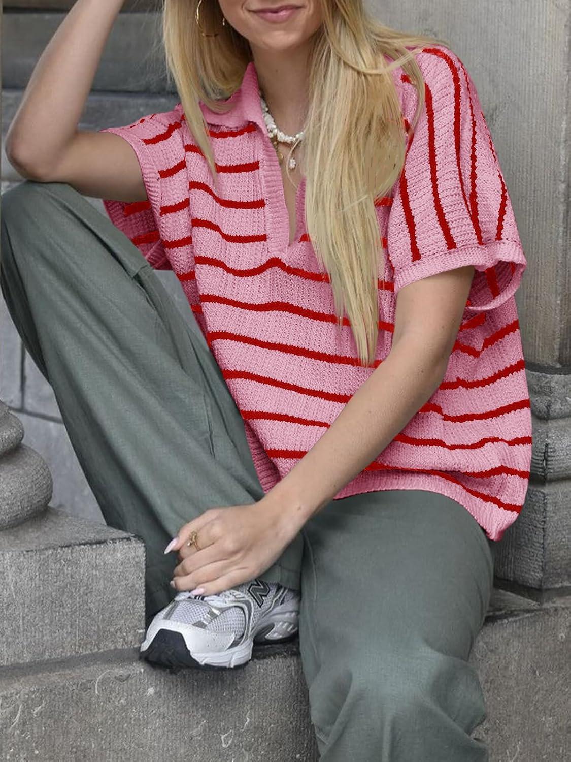 image:imageSaodimallsu Womens Striped Short Sleeve Sweater Tops Summer V Neck Collared Trendy Casual Loose Knit Pullover ShirtLight Pink