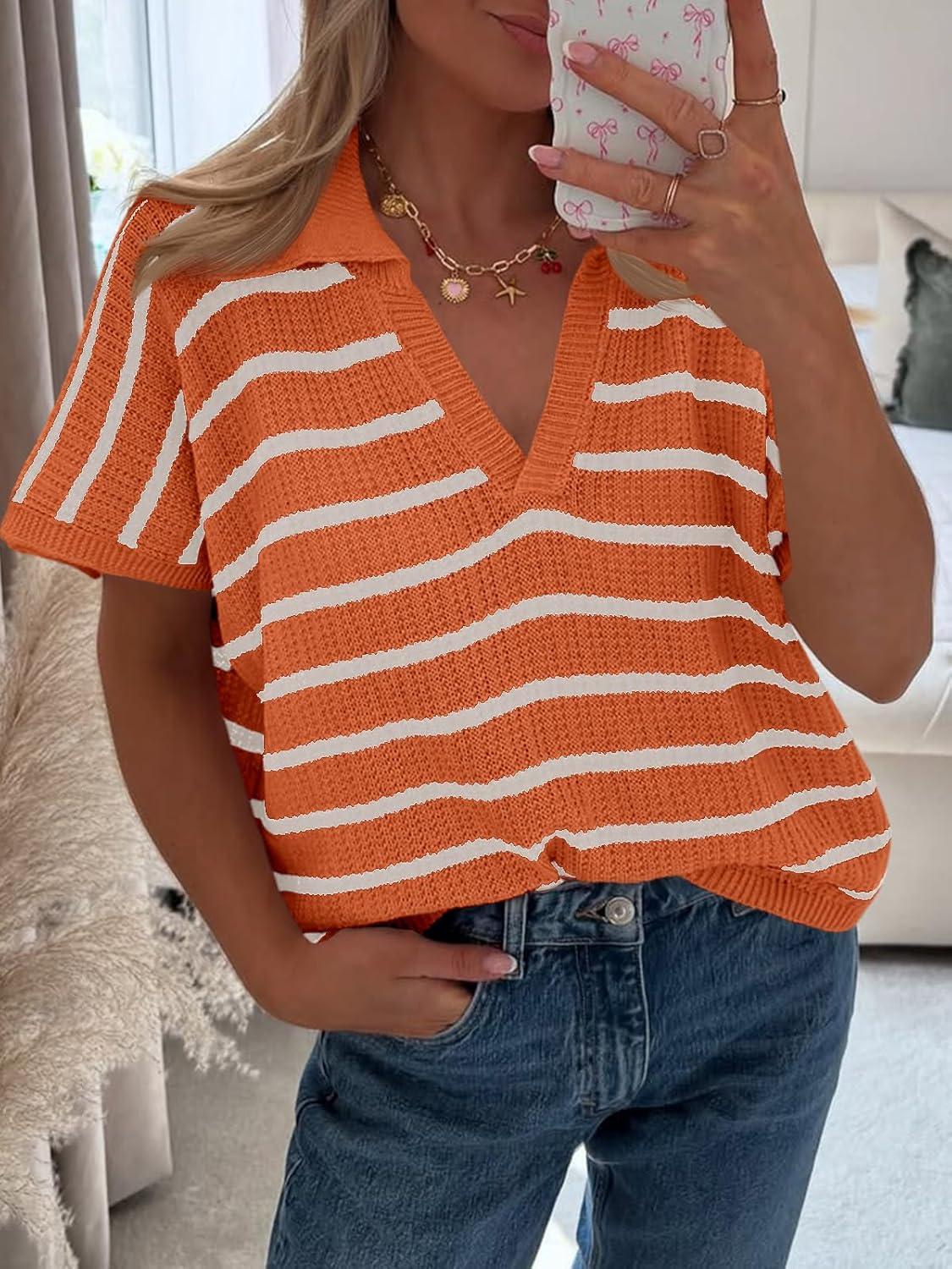 image:imageSaodimallsu Womens Striped Short Sleeve Sweater Tops Summer V Neck Collared Trendy Casual Loose Knit Pullover ShirtOrange