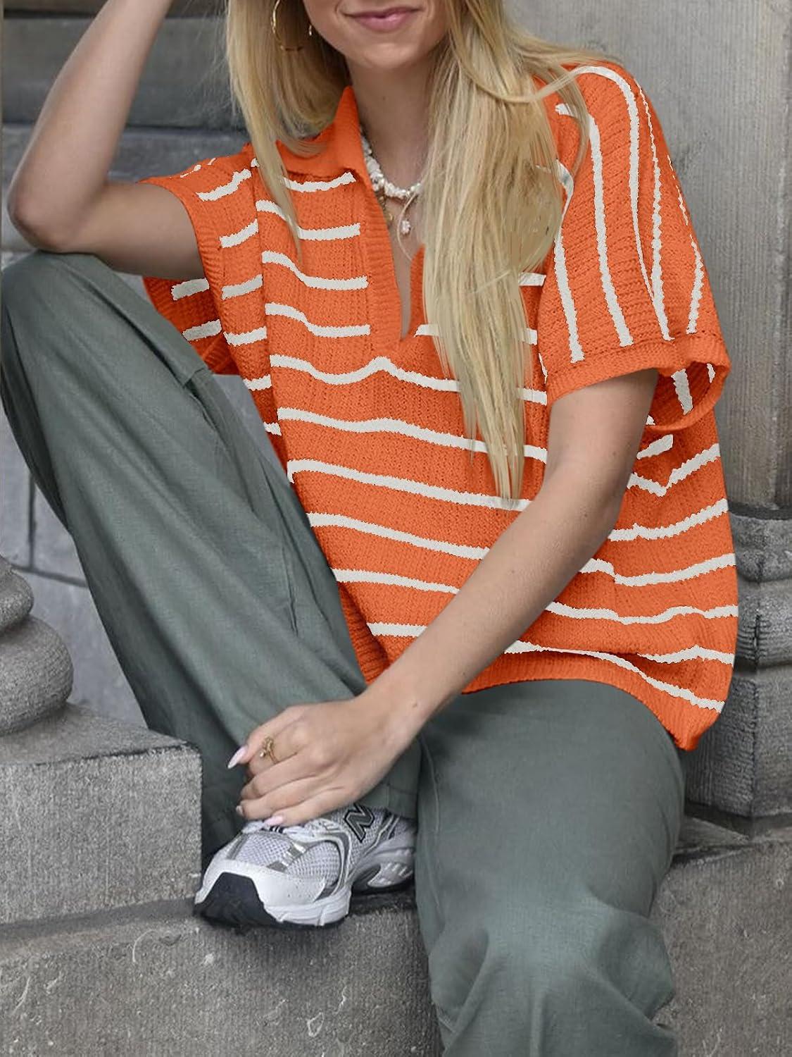image:imageSaodimallsu Womens Striped Short Sleeve Sweater Tops Summer V Neck Collared Trendy Casual Loose Knit Pullover ShirtOrange
