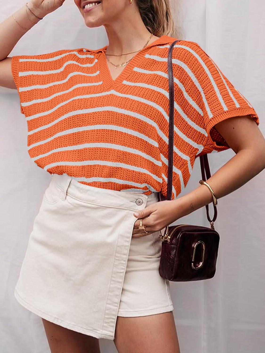 image:imageSaodimallsu Womens Striped Short Sleeve Sweater Tops Summer V Neck Collared Trendy Casual Loose Knit Pullover ShirtOrange