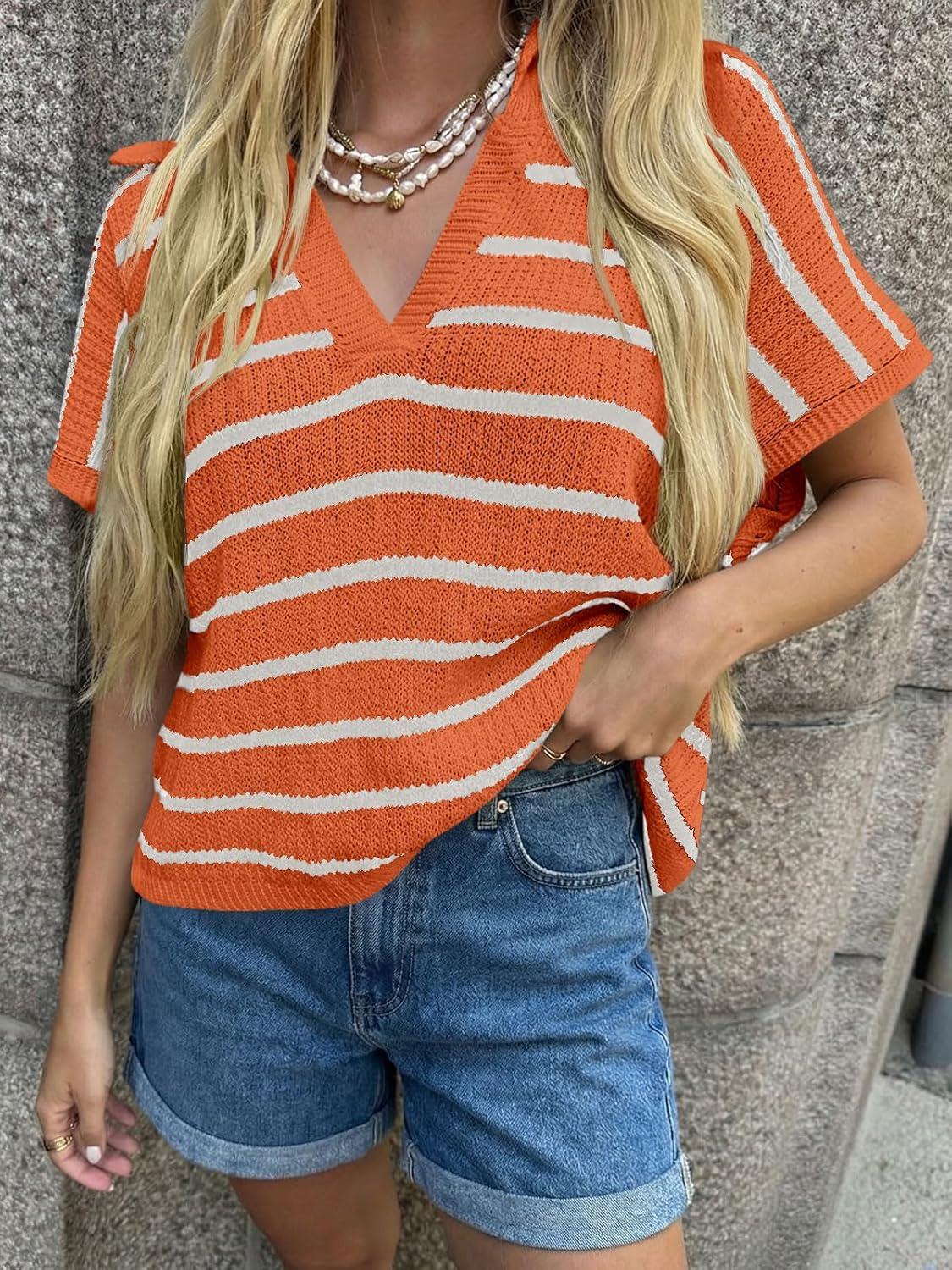 image:imageSaodimallsu Womens Striped Short Sleeve Sweater Tops Summer V Neck Collared Trendy Casual Loose Knit Pullover ShirtOrange