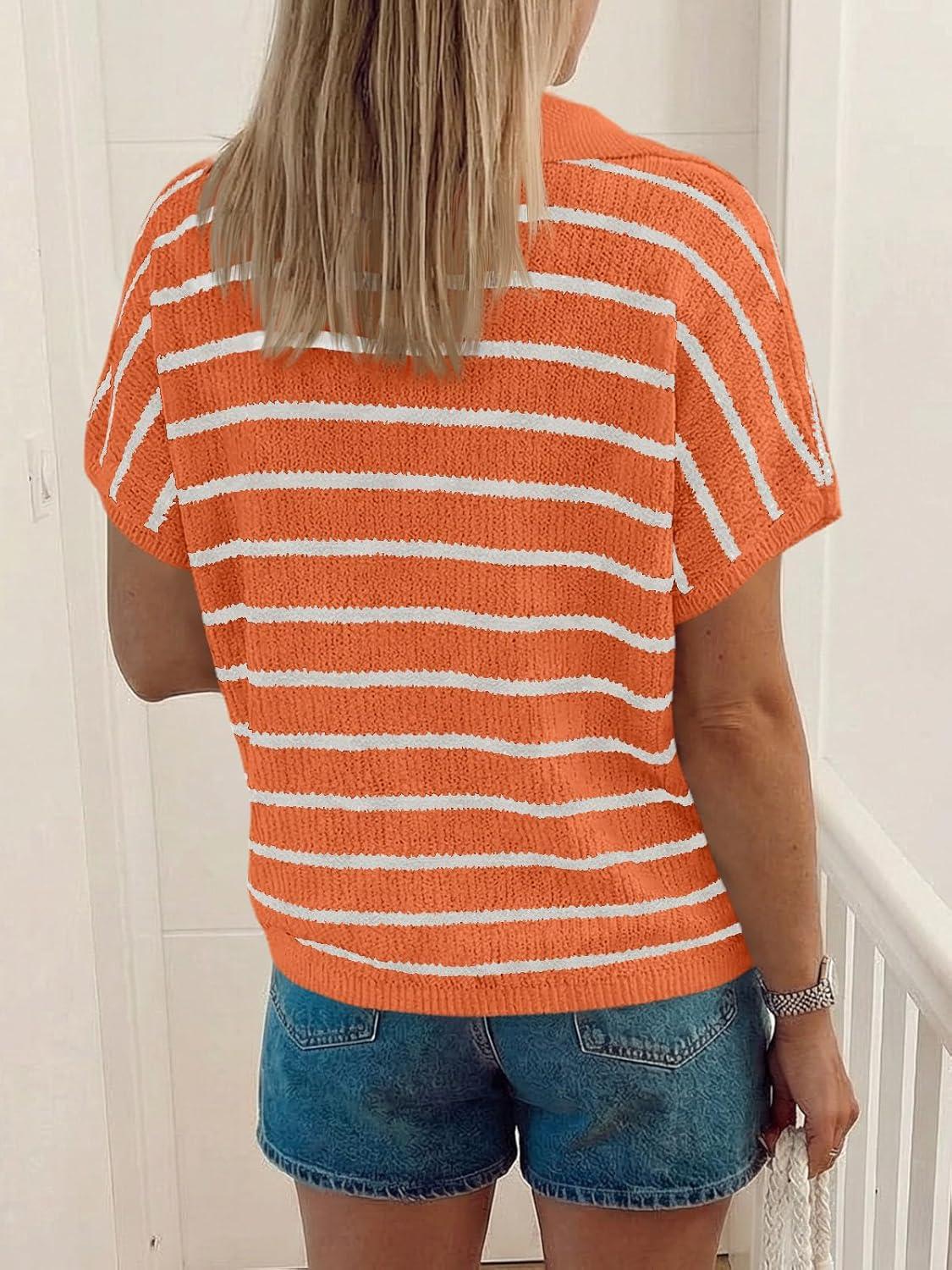 image:imageSaodimallsu Womens Striped Short Sleeve Sweater Tops Summer V Neck Collared Trendy Casual Loose Knit Pullover ShirtOrange