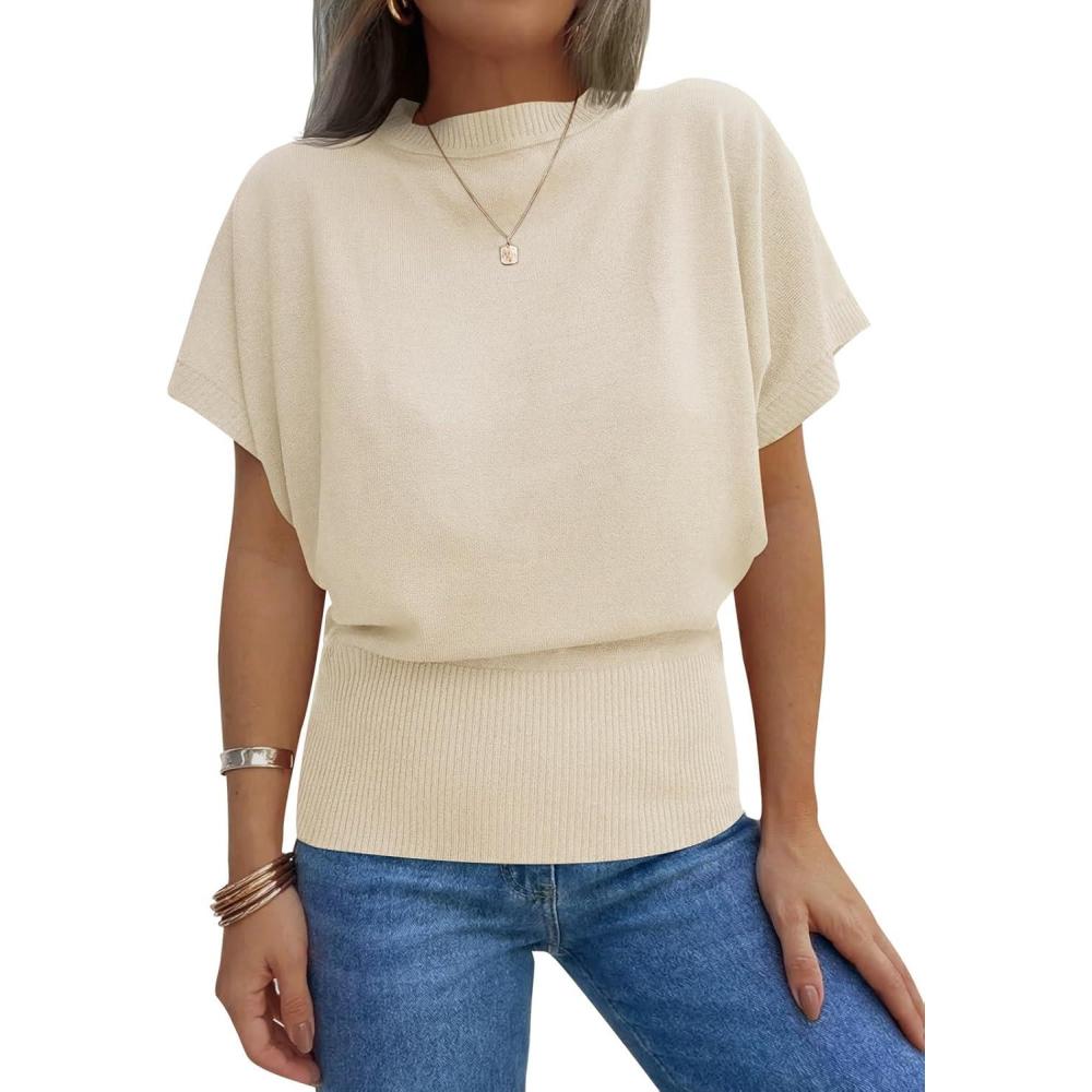image:imageSaodimallsu Womens Batwing Short Sleeve Sweater Tops Crew Neck Cinched Waist Ribbed Knit Summer Pullover TShirtsApricot
