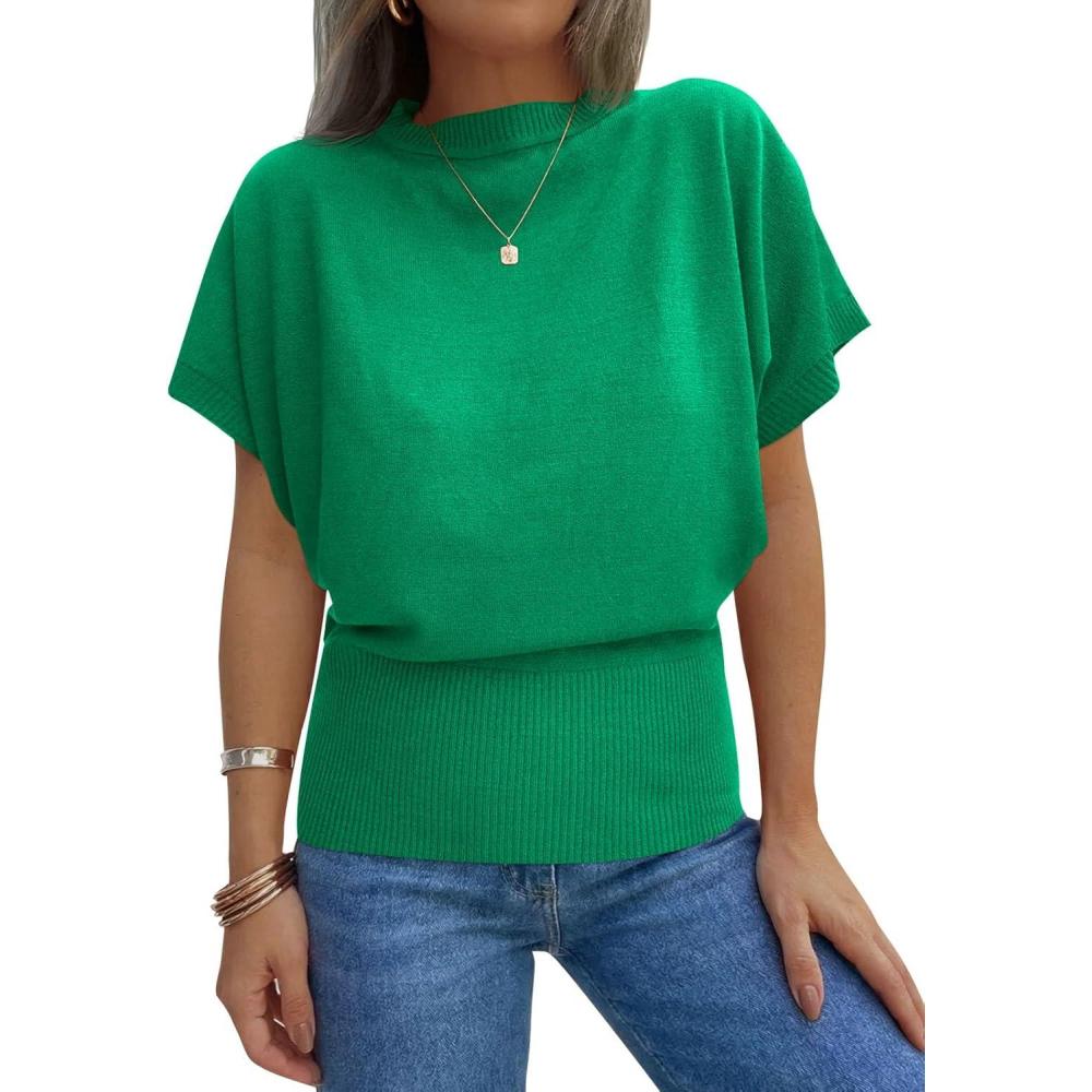image:imageSaodimallsu Womens Batwing Short Sleeve Sweater Tops Crew Neck Cinched Waist Ribbed Knit Summer Pullover TShirtsGreen