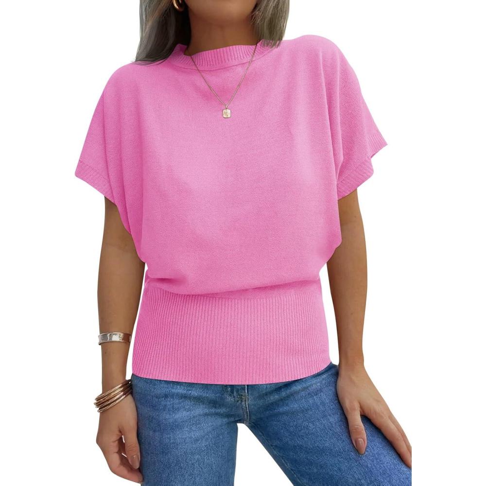 image:imageSaodimallsu Womens Batwing Short Sleeve Sweater Tops Crew Neck Cinched Waist Ribbed Knit Summer Pullover TShirtsHot Pink