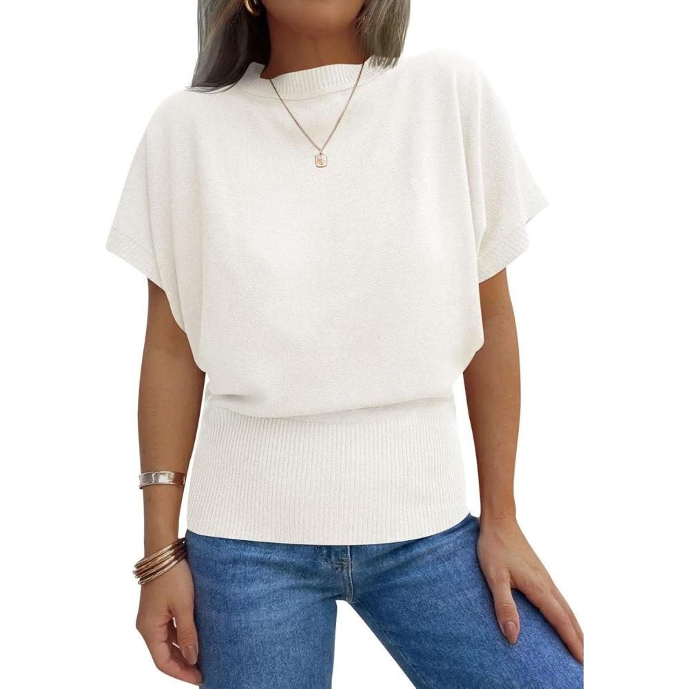 image:imageSaodimallsu Womens Batwing Short Sleeve Sweater Tops Crew Neck Cinched Waist Ribbed Knit Summer Pullover TShirtsWhite