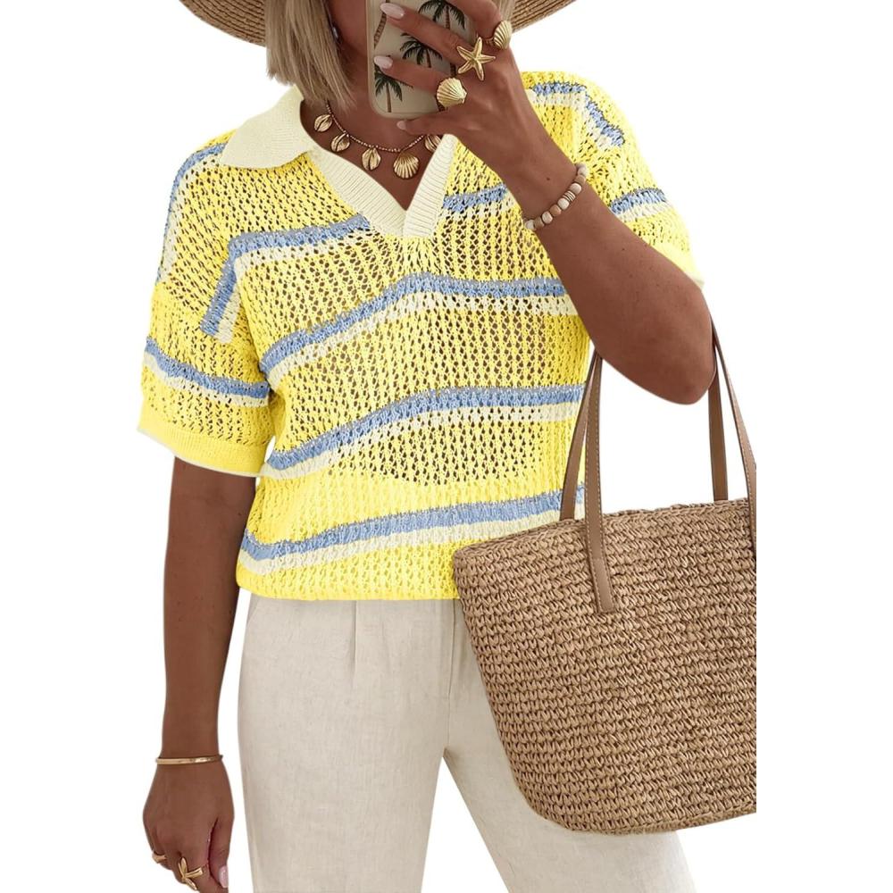 image:imageSaodimallsu Womens Crochet Tops Summer Short Sleeve Striped Pullover Sweater Collared Knit Shirts Cover Up TopApricot