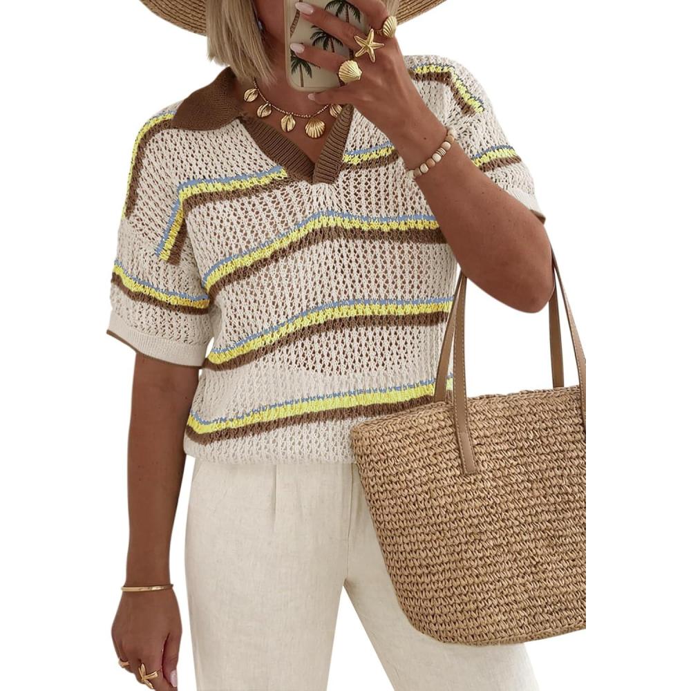 image:imageSaodimallsu Womens Crochet Tops Summer Short Sleeve Striped Pullover Sweater Collared Knit Shirts Cover Up TopCoffee