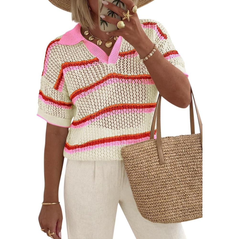 image:imageSaodimallsu Womens Crochet Tops Summer Short Sleeve Striped Pullover Sweater Collared Knit Shirts Cover Up TopPink