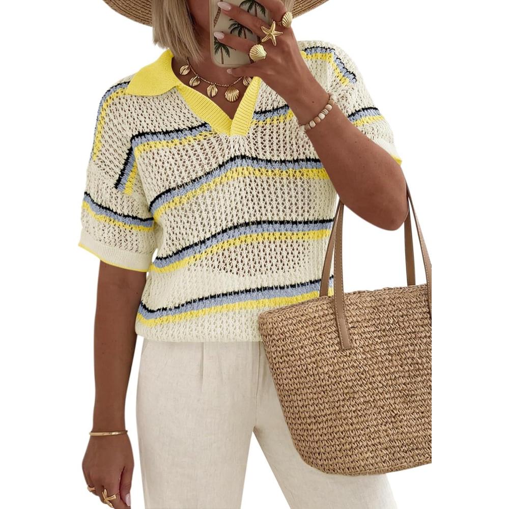 image:imageSaodimallsu Womens Crochet Tops Summer Short Sleeve Striped Pullover Sweater Collared Knit Shirts Cover Up TopYellow