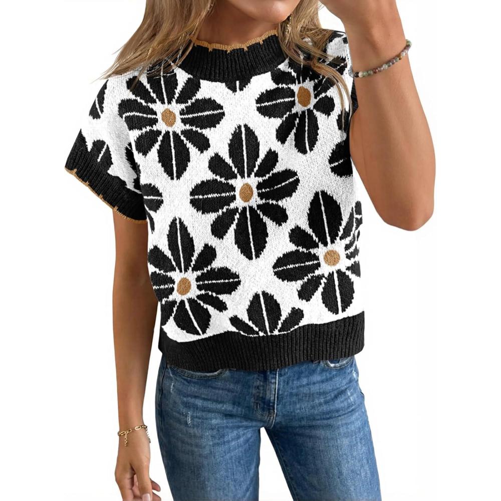 image:imageSaodimallsu Womens Floral Sweater Tops Short Sleeve Vintage Crew Neck Loose Knit Summer Pullover SweatersBlack