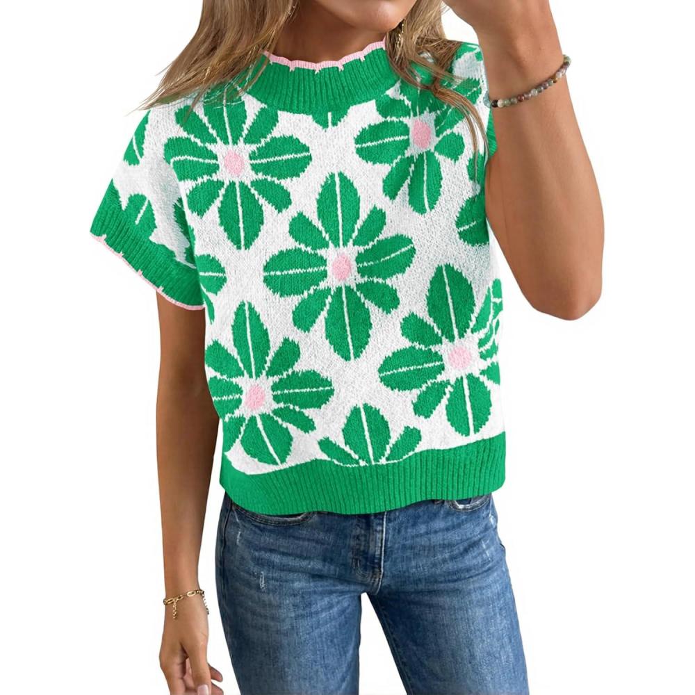 image:imageSaodimallsu Womens Floral Sweater Tops Short Sleeve Vintage Crew Neck Loose Knit Summer Pullover SweatersGreen