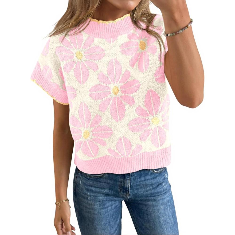 image:imageSaodimallsu Womens Floral Sweater Tops Short Sleeve Vintage Crew Neck Loose Knit Summer Pullover SweatersPink