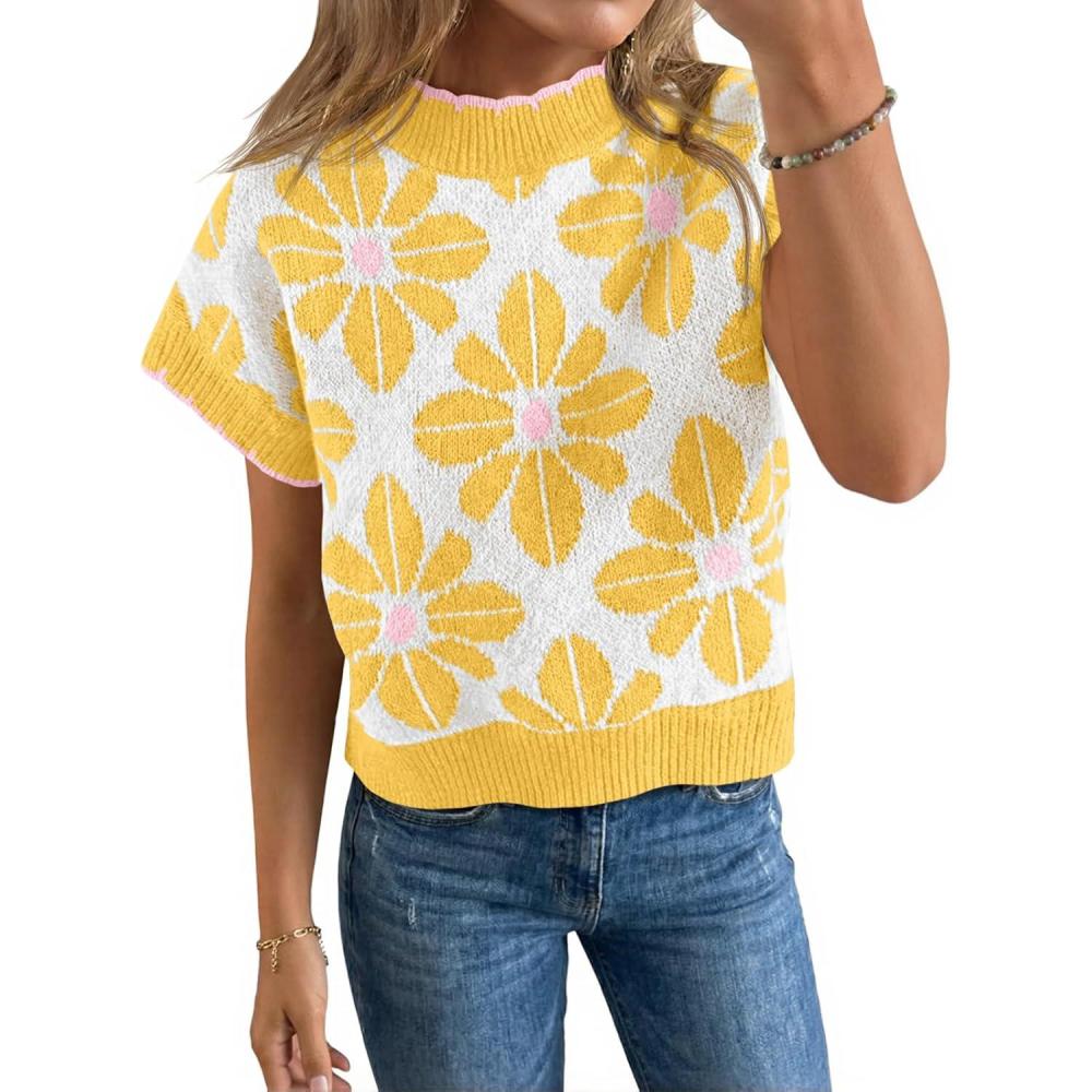 image:imageSaodimallsu Womens Floral Sweater Tops Short Sleeve Vintage Crew Neck Loose Knit Summer Pullover SweatersYellow