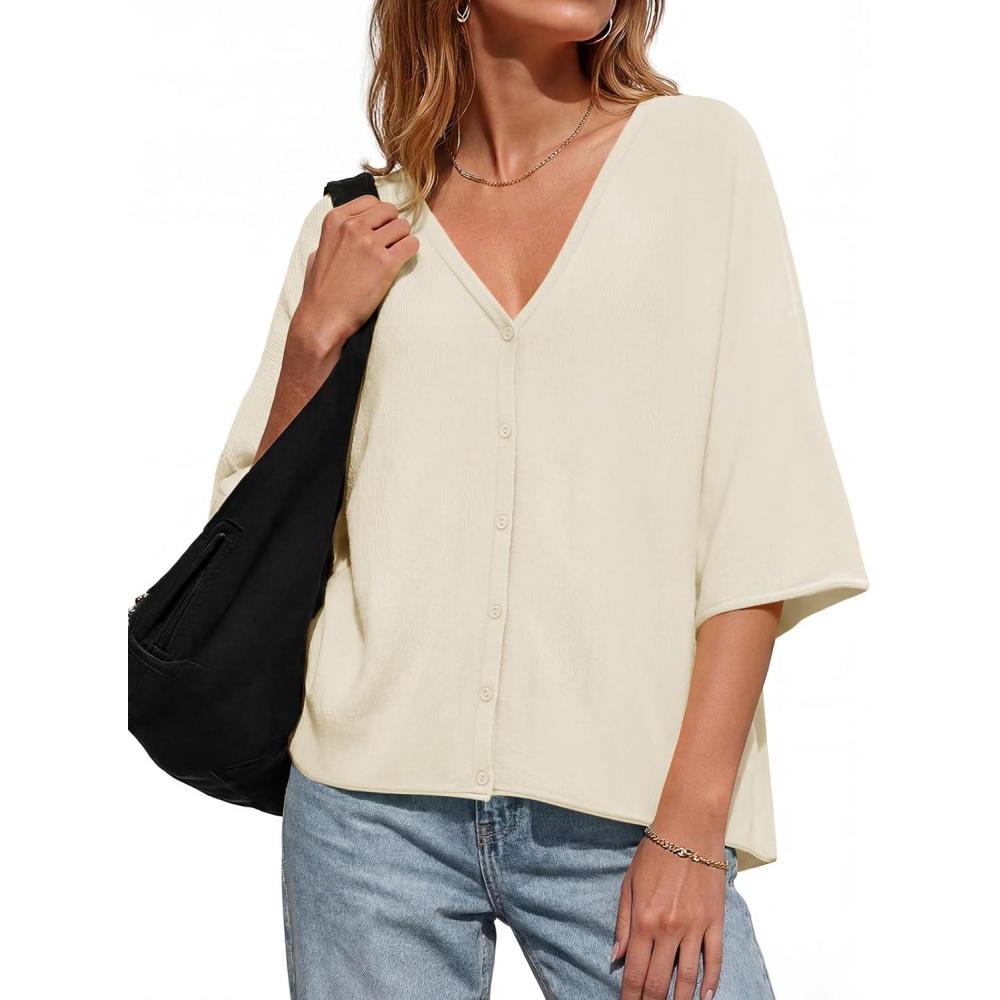 image:imageSaodimallsu Womens Oversized Cardigans Summer Batwing Half Sleeve Lightweight Knit Button V Neck Casual Sweater TopsApricot