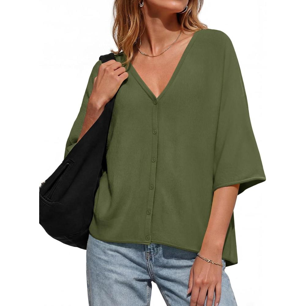 image:imageSaodimallsu Womens Oversized Cardigans Summer Batwing Half Sleeve Lightweight Knit Button V Neck Casual Sweater TopsArmy Green