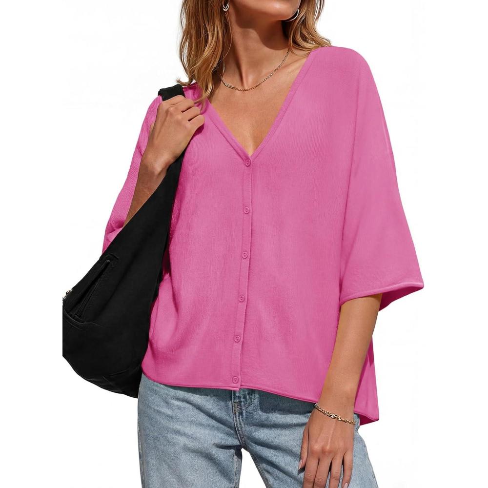 image:imageSaodimallsu Womens Oversized Cardigans Summer Batwing Half Sleeve Lightweight Knit Button V Neck Casual Sweater TopsBright Pink