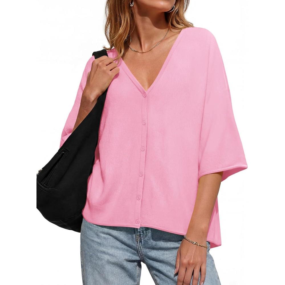 image:imageSaodimallsu Womens Oversized Cardigans Summer Batwing Half Sleeve Lightweight Knit Button V Neck Casual Sweater TopsPink