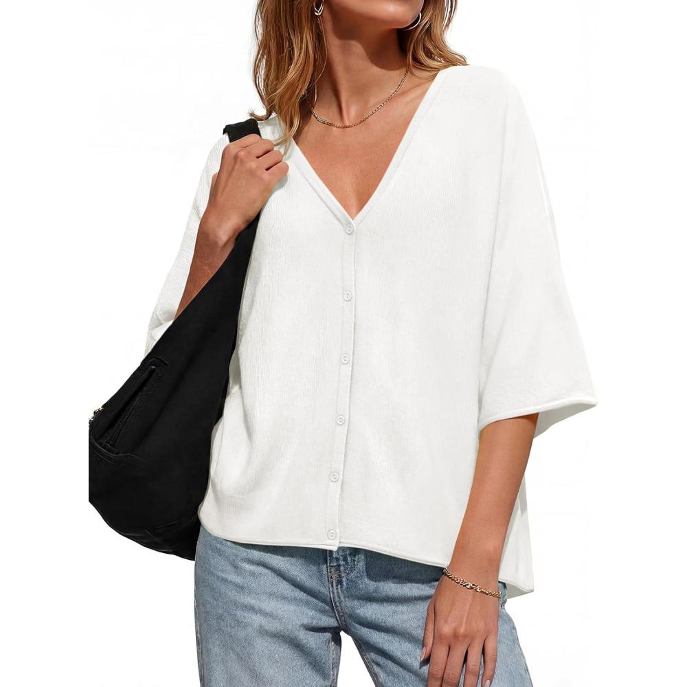 image:imageSaodimallsu Womens Oversized Cardigans Summer Batwing Half Sleeve Lightweight Knit Button V Neck Casual Sweater TopsWhite